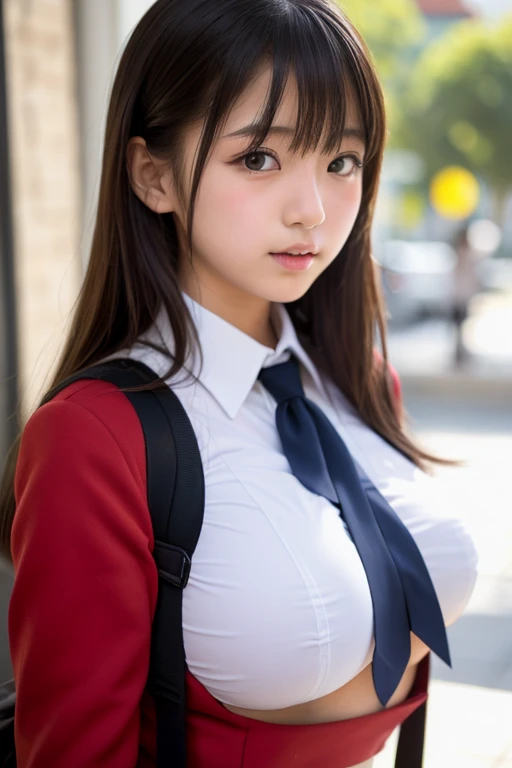 ((schoolgirl)), ((anime)), 1girl, long hair, red hair, hime cut, 2 sidelocks, stern expression, dark blue eyes, fair skin, big breasts, honor student