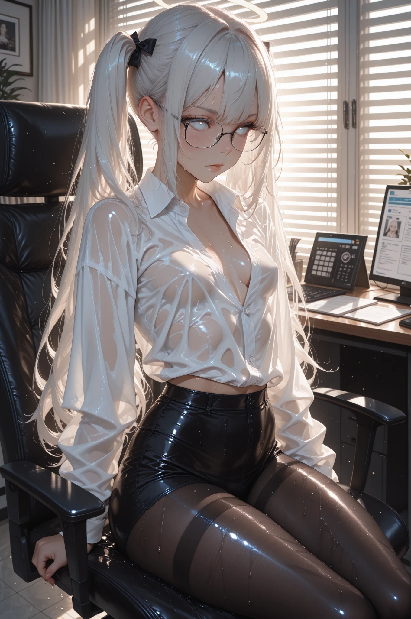 (quality)), ((tmasterpiece)), Recommended results、Puffy、(see through:1.5)、Whole body ESBIAN、squatt、、straighten your back、(Keep hips forward:1.)、、spread  、The slender one、Colossal tits、angle to floor:1.2、low camera angle、There is white liquid flowing out of the crotch、cabelos preto e longos，silver glasses