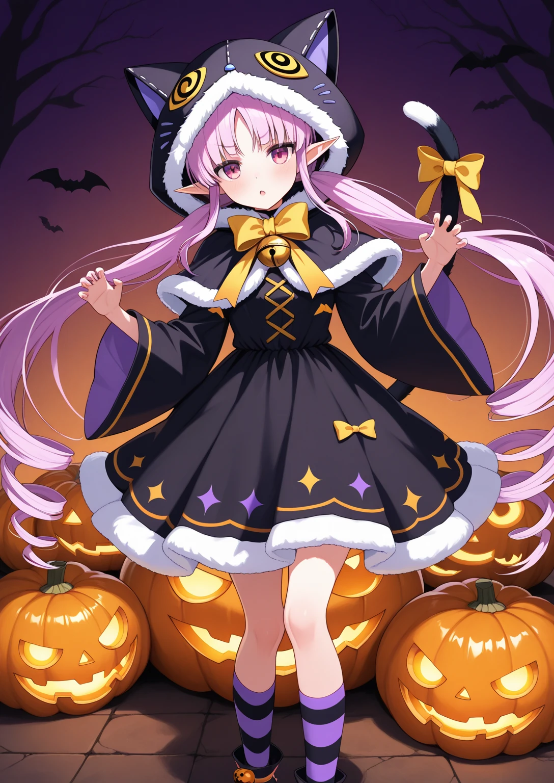 A puppy with bat wings, Halloween night, looking cute as he chases a in a princess costume