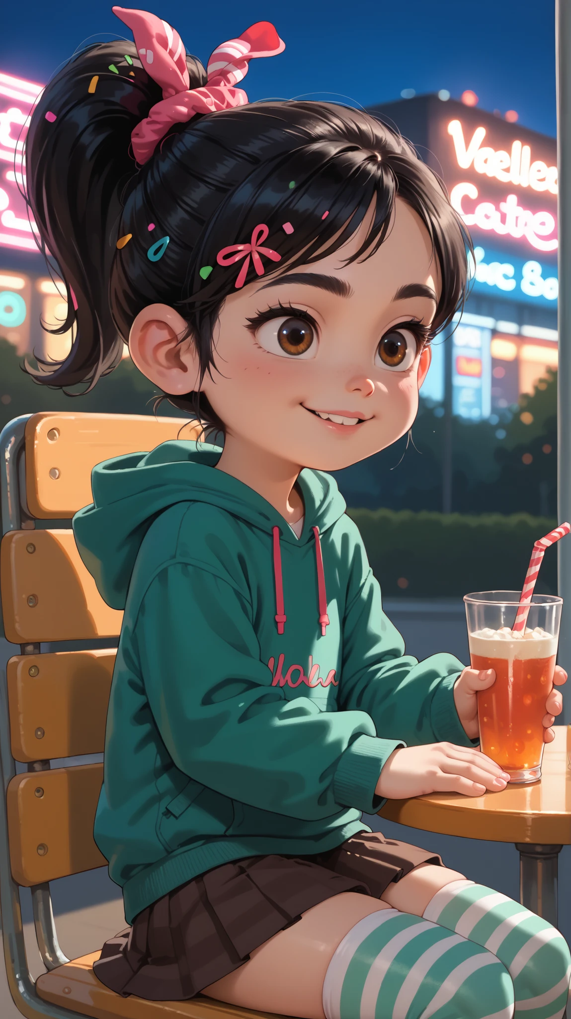1 girl, VanellopevonS, 1girl, anime style, solo, black hair, hair ornament, hair scrunchie, green hoodie, hood down, brown skirt, striped thighhighs, small girl, cute, solo, sit, reclined, close up, Miami, terrace, outdoor, night, neon lights, raytracing, holding a drink, meal on the table 