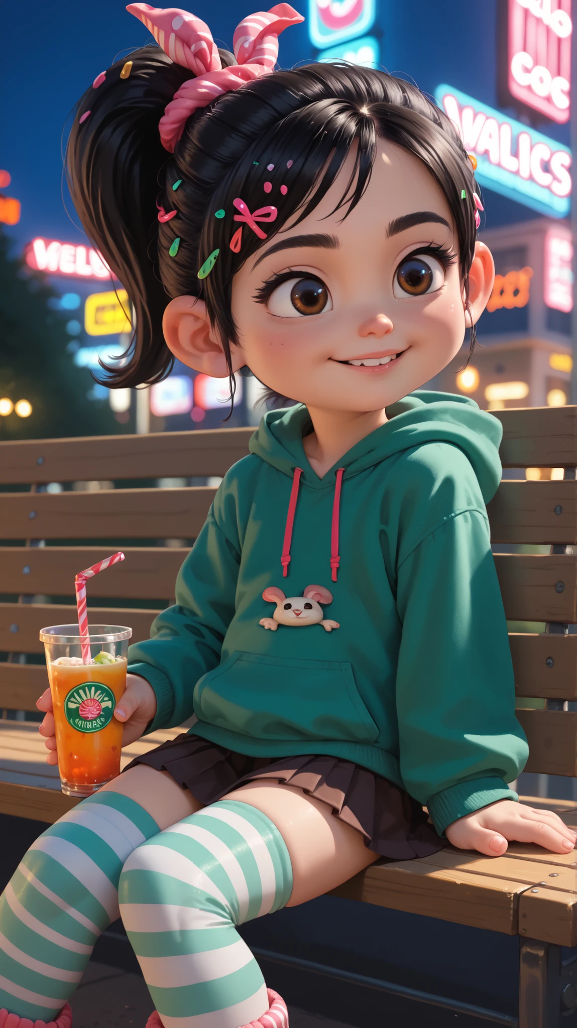 1 girl, VanellopevonS, 1girl, anime style, solo, black hair, hair ornament, hair scrunchie, green hoodie, hood down, brown skirt, striped thighhighs, small girl, cute, solo, sit, reclined, close up, Miami, terrace, outdoor, night, neon lights, raytracing, holding a drink, meal on the table 