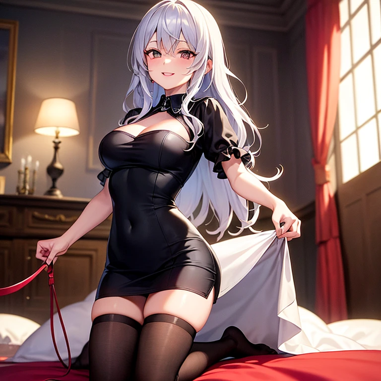 (best quality, high resolution:1.2), (Furry Art), arctic fox, Black belly-baring dress, floor, Candle-lit room, Shy expression,woman,Body , wet, blush, Steaming long hair,