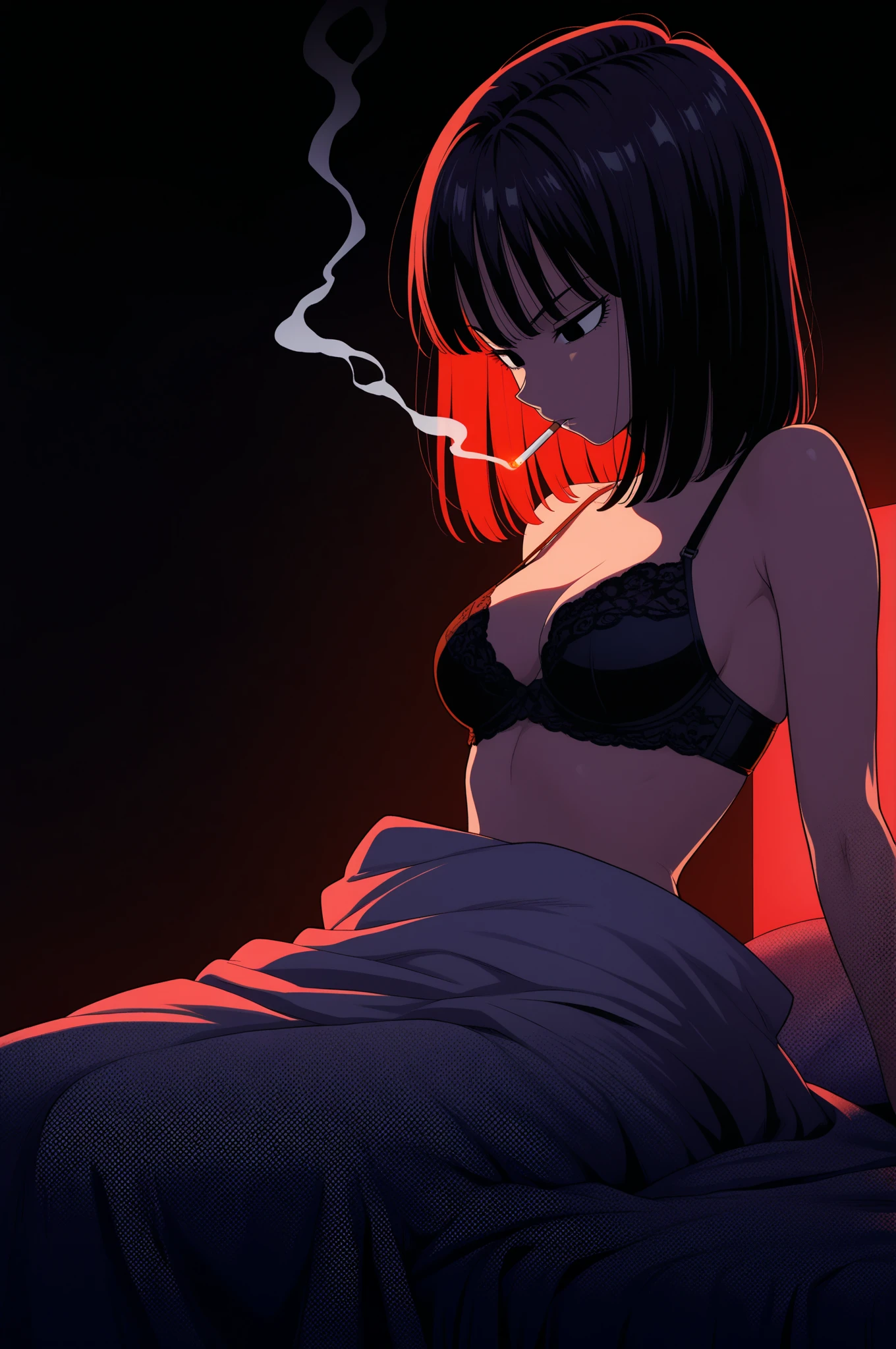 (Noir Comics-style illustration:1.2),(1 woman, Solo:1.3), medium breasts, curvey, lying on the bed, Looking at Viewer, From  above, Depressed, dead eyes, messy black hair, Camisole, John Berkey, Messy room, (Flat color :1.3), (ligne claire), (masutepiece, Best Quality:1.3), (Highly detailed), NSFW,