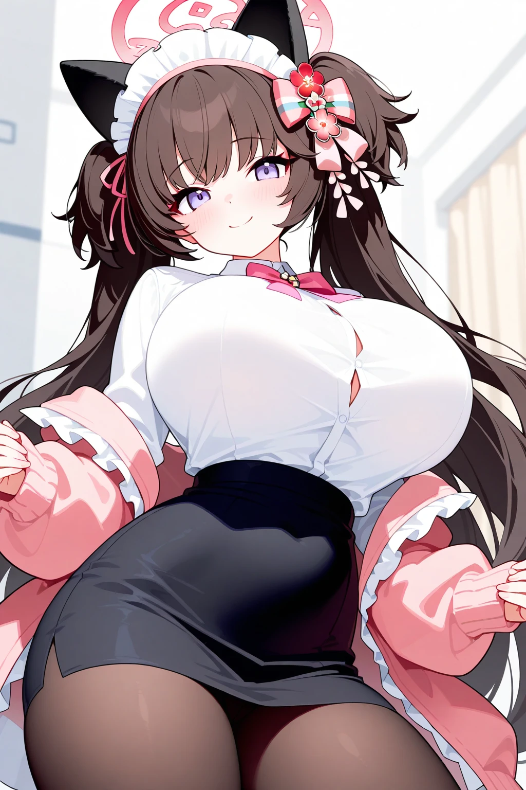 Hentai、High resolution、smile、Her breasts are super big、Pretty Cure、An evil, plump, fallen magical girl poses with her legs spread on the school grounds.、A black magical girl dress with frills、Perfect proportions、Cowboy Shot、Fatty thick legs、Sweaty、Clear eyes