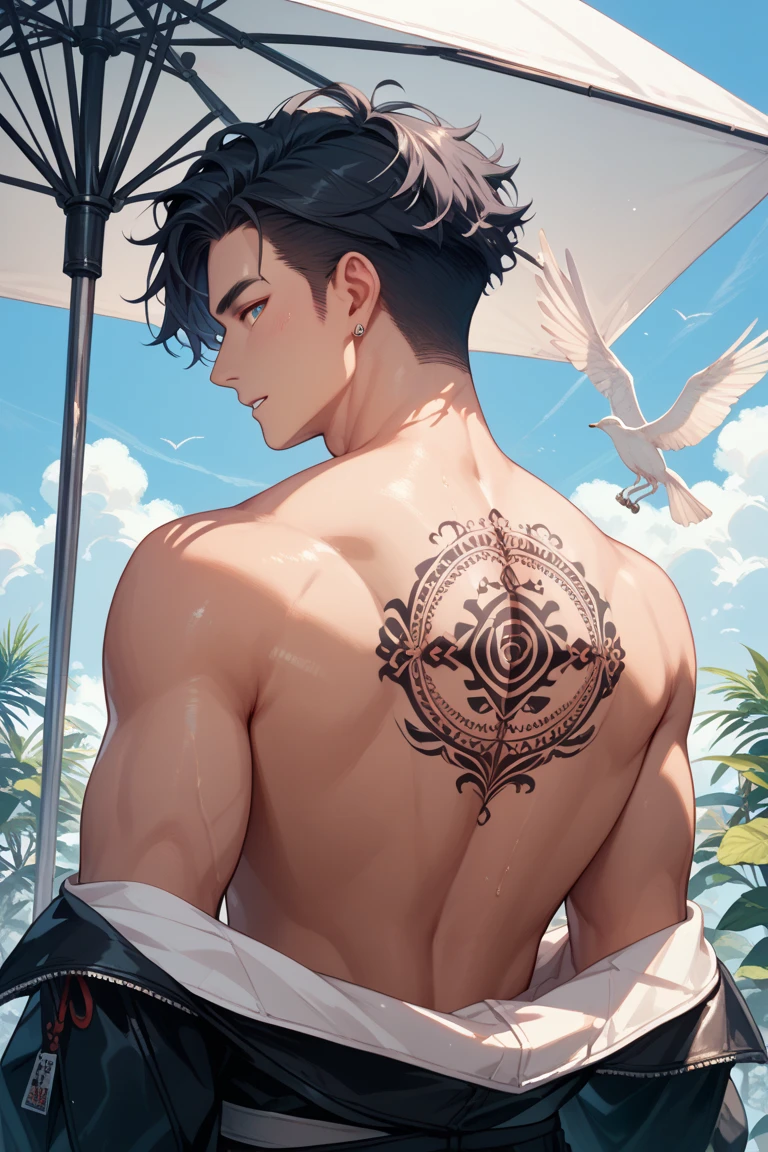 1boy,10 talents、(Man's :2) ,Handsome boy,A dark-haired、chains、tattooed、fullnude、starrysky 、sand beach、Back lighting、the chaos、fantastic landscape、absurderes、hightquality、masutepiece,8K,NSFW,