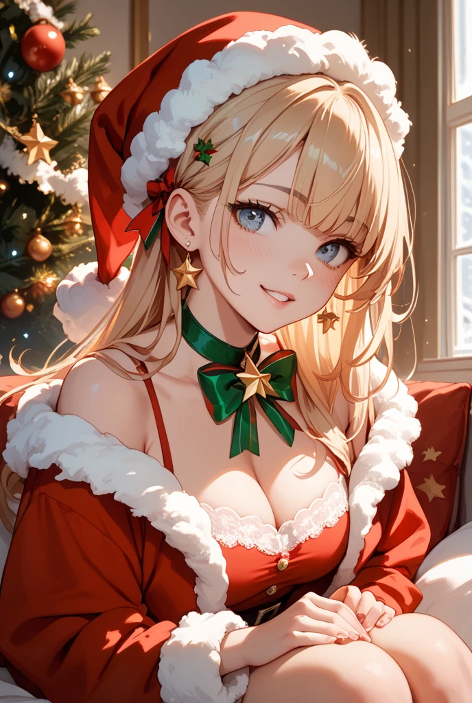 top-quality、Top image quality、masterpiece、teens girl((Cute Santa Costumes、santa style short skirt、santa style tank top、sixteen years old、 Ager、Best Bust、big bast,wide open breasts、Beautiful light blue eyerest, a blond、A slender,Large valleys、Reflecting the whole body、Laugh、dye one's cheeks red、Red Body Paint、Red Face Paint、be shy、wave her hand、all-fours、posterior view、emphasis on the buttocks、facing each other、heart mark)),hiquality、Beautiful Art、Background with(( natta、snowflakes falling、Nice and clean room.、Christmas Party、Party Venue、Christmas Lights、Christmas tree、)))、masutepiece、depth of fields,
