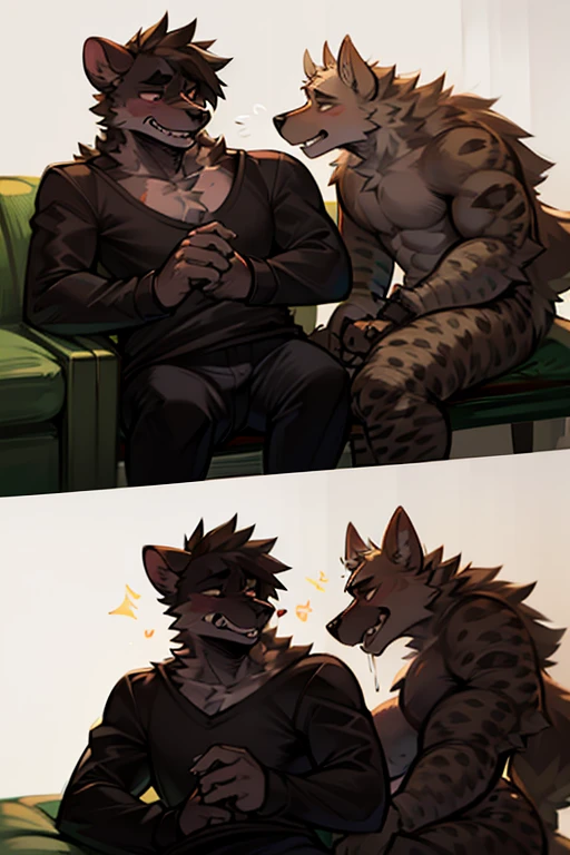 Two male Furry white cat crying and black wolf angry wolf destroy a TV in dining hall