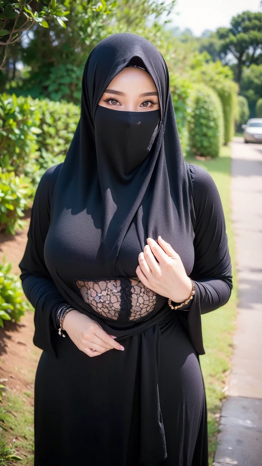4K, high quality, nice lighting, soft lighting, realistic, dark eyes, sexy, big breasts, thick thighs, wide hips, muscular, malaysian black dress, long sleeve, Jewelry, sexy lady, asian, hijab, niqab, sexy pose, showing big thighs, nice body, natural largest breast, WEARING WEDDING RINGS