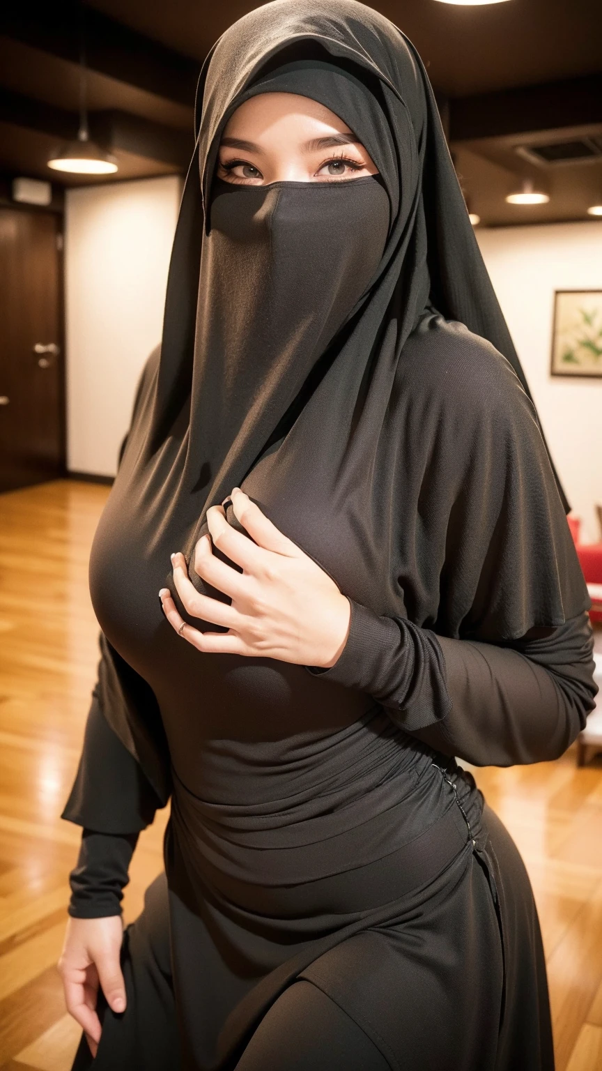 RAW, Best quality, high resolution, Masterpiece: 1.3), Beautiful Malay woman in hijab,Masterpiece, best quality,8k, brown eyes, perfect eyes,RAW, Best quality, high resolution, Masterpiece: 1.3), Beautiful Malay woman in hijab,Masterpiece , best quality,8k, brown eyes, perfect eyes, (realistic:1.3), ((A mature woman sitting in the office)),((turtleneck shirt:1.3)). ((long skirt)),40k, Photography, Masterpiece, Best quality, dark gray background, ((Mature woman, Wife, Mom, MILF)), ((Buxen breasts)), Perfect face, perfect breasts, ( (As big as breasts)), ((huge pregnant)), ((1 girl with brown eyes and a beautiful hijap)). a beautiful malay woman, soft full breasts and white skin, ((very soft breasts)). Highly detailed face, Detailed eyes, Embarrassed, Smile, Summer, Daytime, (((Slave collar))), Half body, dated