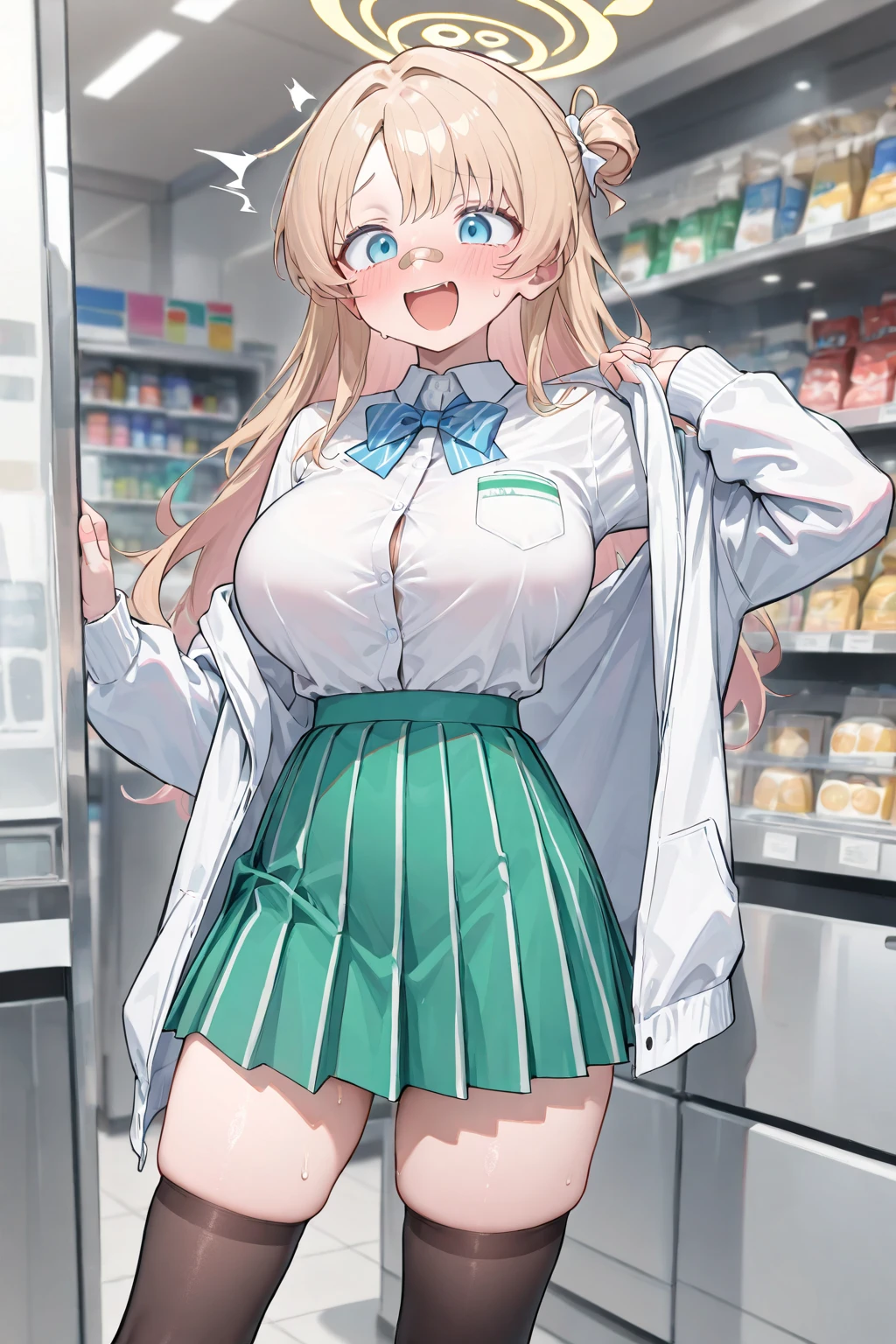 (A beautiful young Japanese woman), nsfw, Detailed Background, (((独奏))), ((Excellent ???????: 1.2)), (Blonde, ponytail), Big Tits, (dark skin:1.5), (green eyes), (Beautiful Eyes), (((convenience store employee uniform, vertical striped shirt:1.3, short sleeves, id card, pencil mini skirt))), (cleavage), (grin:1.4), Blushing, Earrings, Are standing, Beautiful thighs, from below, from front, (lift skirt:1.3), (panty shot:1.3)