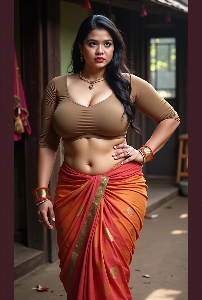 a chubby indian woman making a clay pot on a pottery wheel, wearing a sexy sari, detailed face and eyes, detailed hands, intricate sari patterns, dramatic lighting, photorealistic, ultra-detailed, 8k, high quality, cinematic, warm colors, soft focus, oil painting, portrait