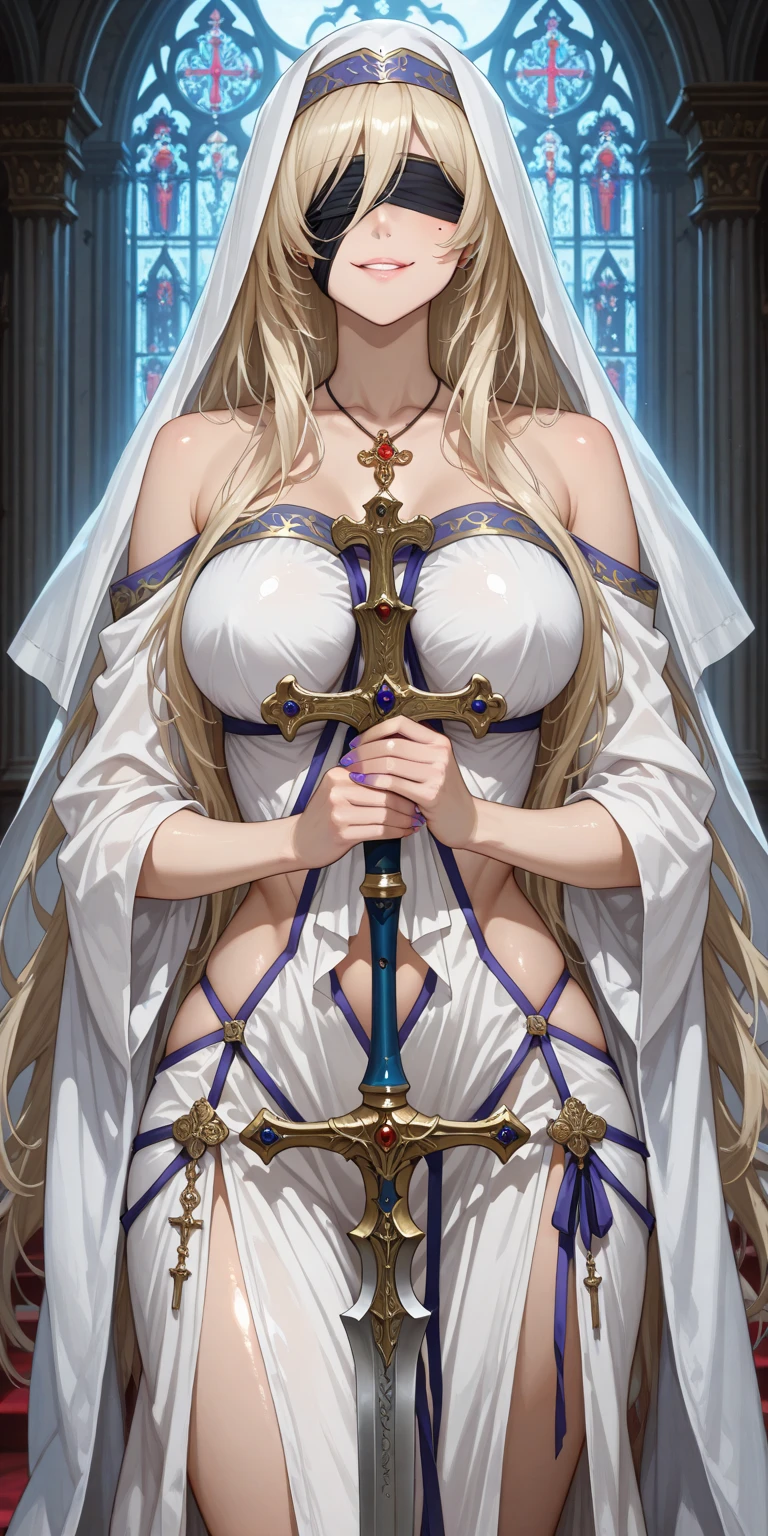 <lora:GoodHands-vanilla:1>, (masterpiece, 8k wallpaper, best quality:1.2, ((cowboy shot)), best quality:1.2, NICE HANDS, COLORFUL, (perfect hands, perfect anatomy, (illustration:0.8))), sword maiden, long hair, blonde hair, blindfold, (black blindfold:1.2), dress, necklace, white dress, sandals, habit, CLEAVAGE, ((medium breasts, nedium hips, pelvic curtain, blushed, looking at the viewer, cleavage, single color background, black background))