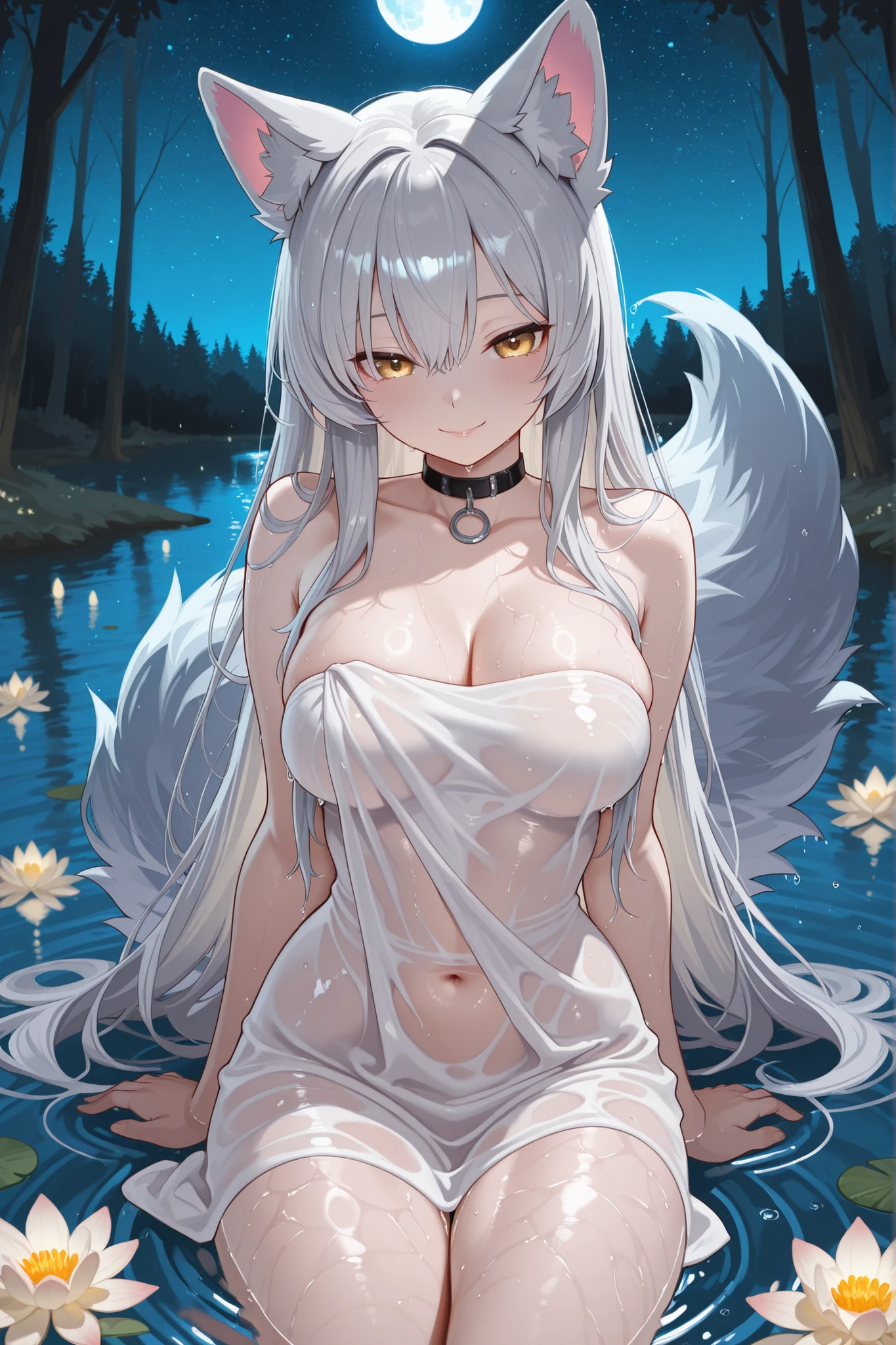 top quality, masterpiece, Ultimate Details, bewitching beast girl, Wolf ears, Wet long silver hair, Fluffy Tails, Moist Golden Eyes, sexy expression, A graceful smile, Glossy Lips, An elegant pose with both arms covering the chest, Porcelain-like skin wet with water, Toned Stomach, A beautiful silhouette under the water's surface, A composition in which the lower body is hidden by the water's surface, Water droplets gracefully running down the skin, Black collar and choker, Shoulders illuminated by moonlight, Quiet lake surface, ripples spreading on the surface of the water, A pale mist hangs over the room., Full Moon Night, Scattered water lilies, The moon and starry sky reflected on the water's surface, fantastic blue light, Deep forest in the distance, Sensual and elegant atmosphere, Wet Effect, Refraction of light in water