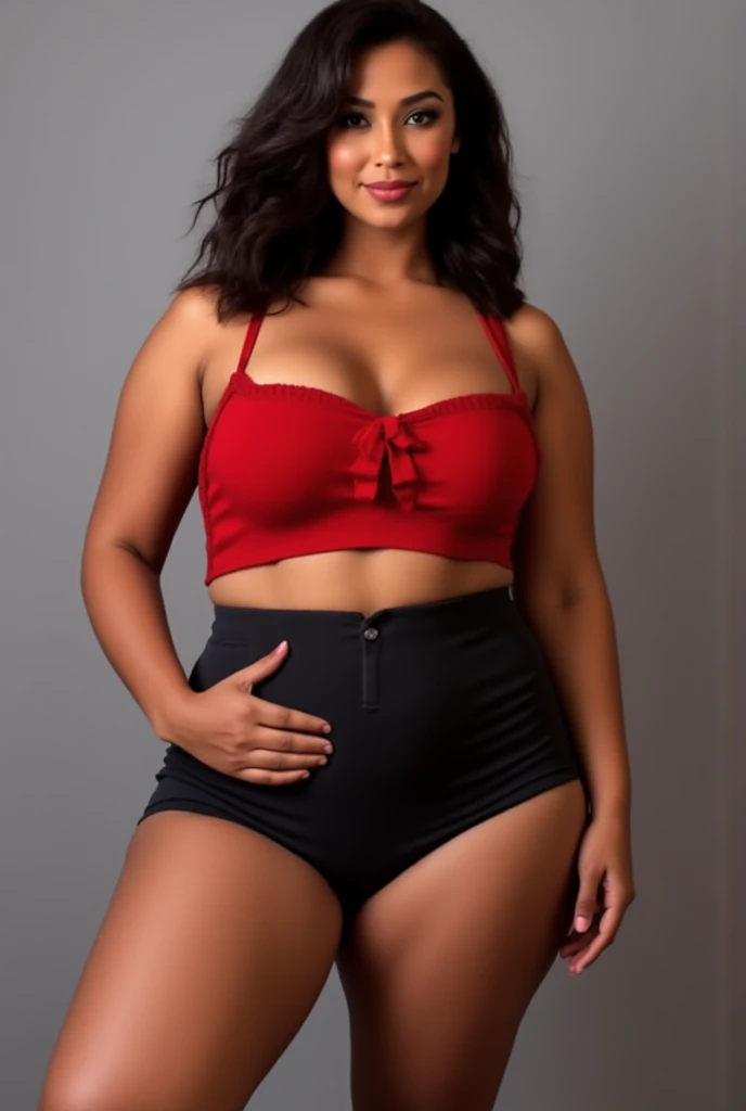 there is a Indian gorgeous American curvy plus size model Natalia Lozano in a red velvet shorts and black velvet cropped top and red lipstick standing in the roadside of a sea beach , angelawhite, alluring plus sized model, bbwchan, bbw, thicc, curvy model, full body, malika favre, a full body image of a plump woman, thick thighs, bigger hips, bigger waist, busty, beautiful thick female, close up full body shot, sexy girl, 30 years old, curvy, full body shot,