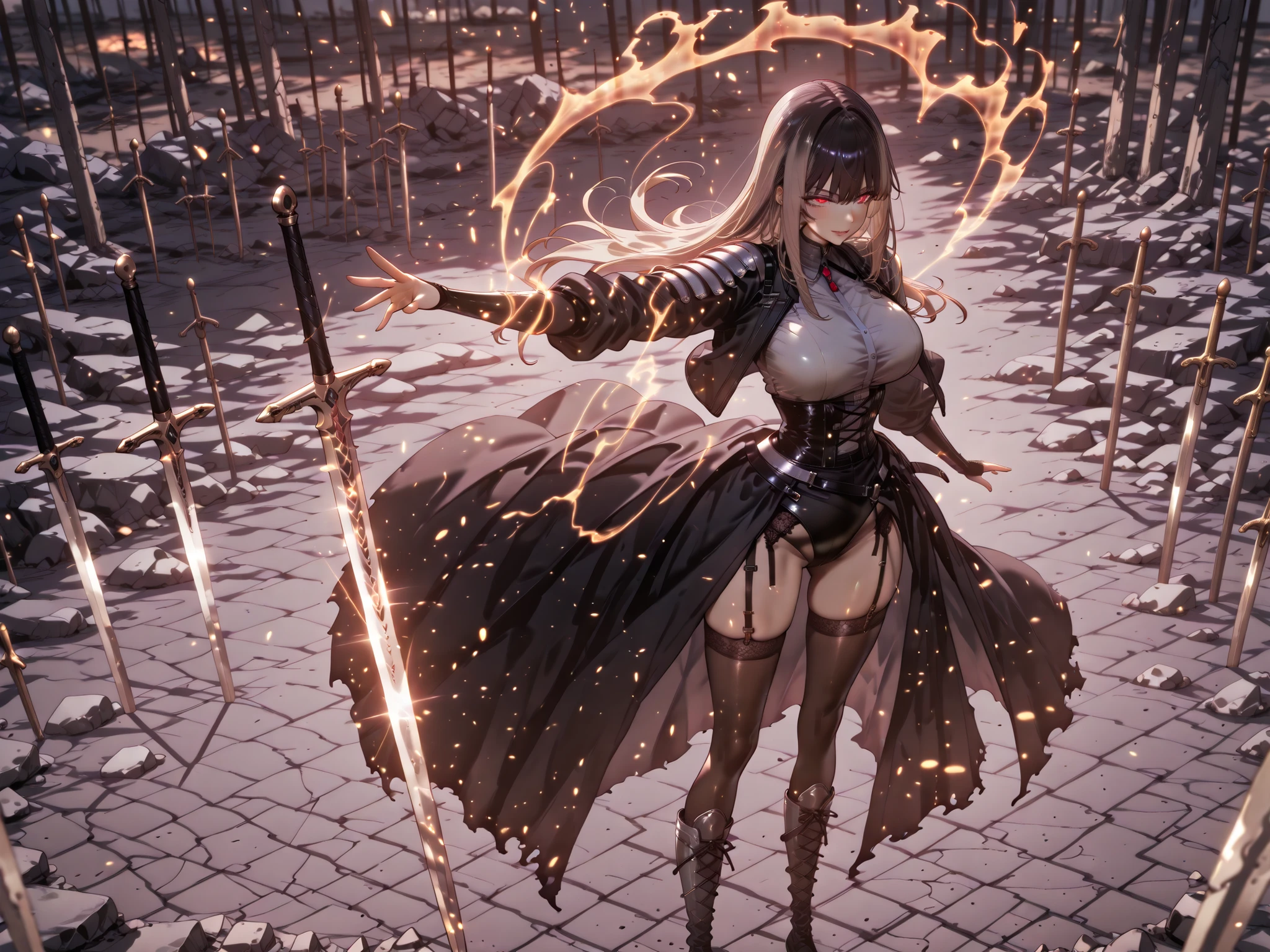 taken from above、Ball of Light、雷magic、caveの中、Ruins、black suit、black longsuit、 black long jacket、ゴスロリなshirt、Depressed、Tall Woman、A woman in her thirties、 Alassah's woman、Steins;Gate、 black longsuit 、score_9, score_8_up, score_7_up, Source_anime,masterpiece、No expression、no makeup、top quality,Beautifully Detailed Eyes, Exquisite Eyes、A sophisticated eye、highly detailed eyes and faces,unmotivated expression、lethargic face、 long breasts, Black Jacketを羽織る、Black Jacket、shirt, big saggy breasts, shockingly big breasts, big breasts,big boobs、boobs 、Zitoida, makeup、no makeup、long hair、smooth straight hair、tall woman、Tall Woman、plump thighs, parted lips、 shining eyes,(Fire Aura Onkown),dungeon内、Crimson Eyes、long hair、dark haired、黒い髪、long straight hair、dungeon、cave、Ruins、solo、soloプレイヤー、Wide ass、beautiful butt、stick your butt to the focus of your butt、long boots、Shoulder Armor、Fearless Laugh、strong、Is confident、Black Tight Skirt、Black tights、Long Skirt、long skirt、Black Garter Belt、black tights、long tight skirt、Dynamic、Satu、fight、Satu狂、俺だけレベルupな件、arrogant、 Confidence々The smile 、bewitching smile、Sadist、Satu中、hunting、hunting、intimidating、magic使い、magic、magic、、Pearl of Light、Light Ball、plasma、plasma球、Glowing sphere、Made with Infinite Sword