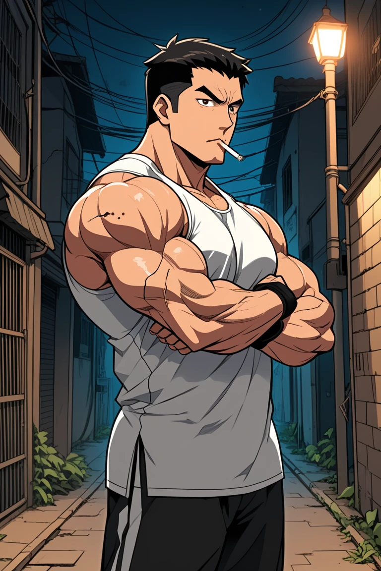 Dark alleyway, , guy, baggy clothes, black tank top, mullet, smoking