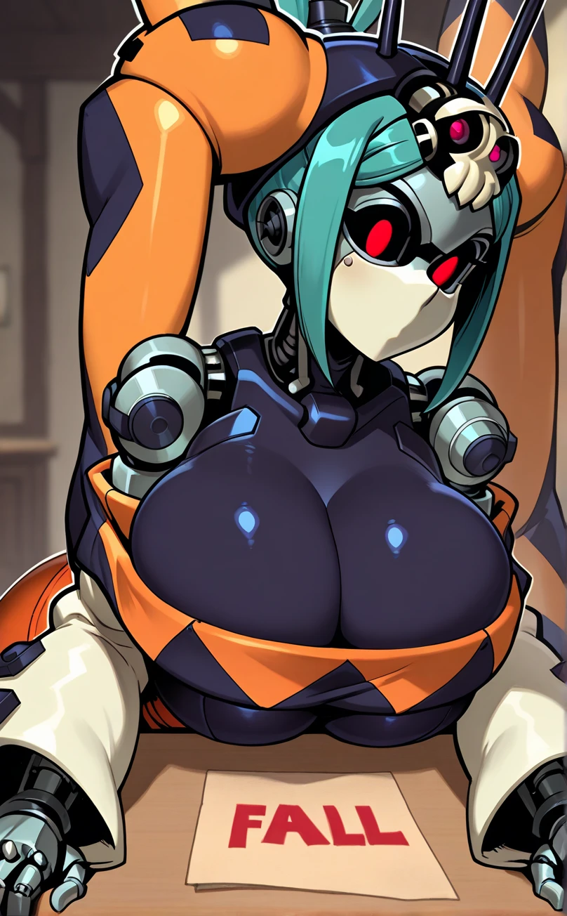 8K,highly detailed, high quality, anime style, game cg, (male), 1boy, upper-body_portrait, looking at viewer, non human, robot, faceless, Mother head, Pearl on forehead, mono eye, Drone1024, Mother1024, AssaultronCosplay, (((No nose))), eyepatch, white skin, muscular, glowing tattoo, big pecs, abs, (veins), nipples, plump nipple, large areolae, bartender, (cummervest), smile, BREAK cyberpunk style, cyber bar
