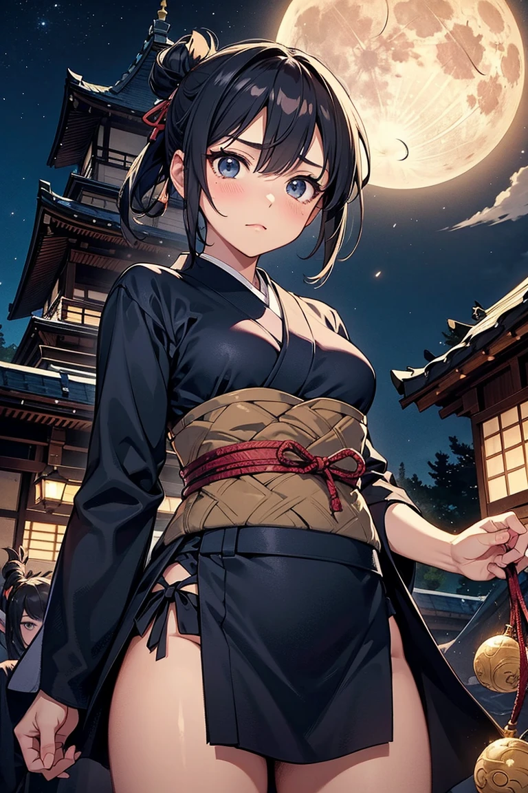 ((masterpiece:1.3, best quality:1.4)), delicate mature lady, wide hips, large breasts, 1girl with short black hair, very long hair, side double ponytail, traditional japanese dress, red pupils, ((sitting near building's ledge)), rooftop, city view, seaside city, incredible view, ((nighttime)), city lights, sparkling, ((small traditional japanese village)), autumn leaves in the air, autumn season, stars night sky, star comet, forest in the distance, {{front view}},