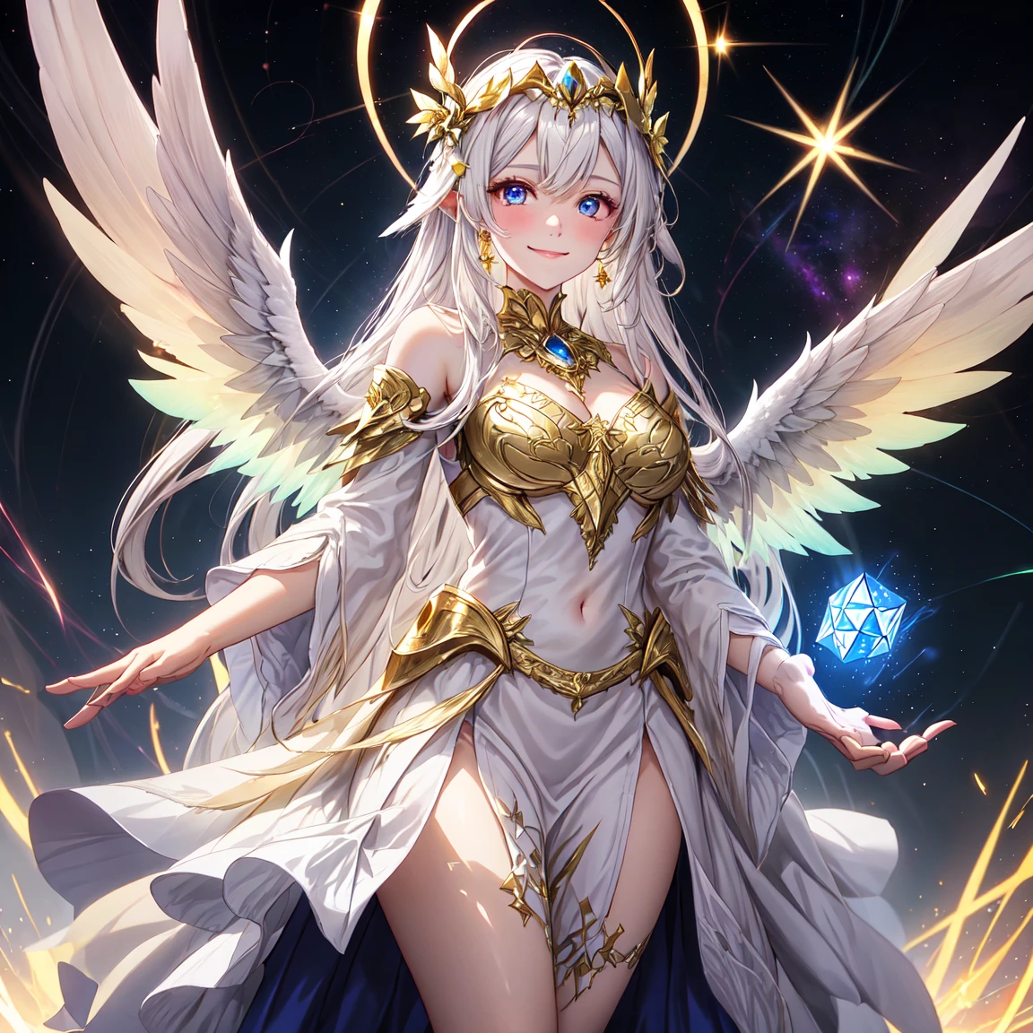 1 Celestial Archangel Girl, long white hair, pale skin, glowing white robe, glowing blue eyes, 4 pairs of large white wings, cosmic background, beautifully detailed hands holding a blue light 