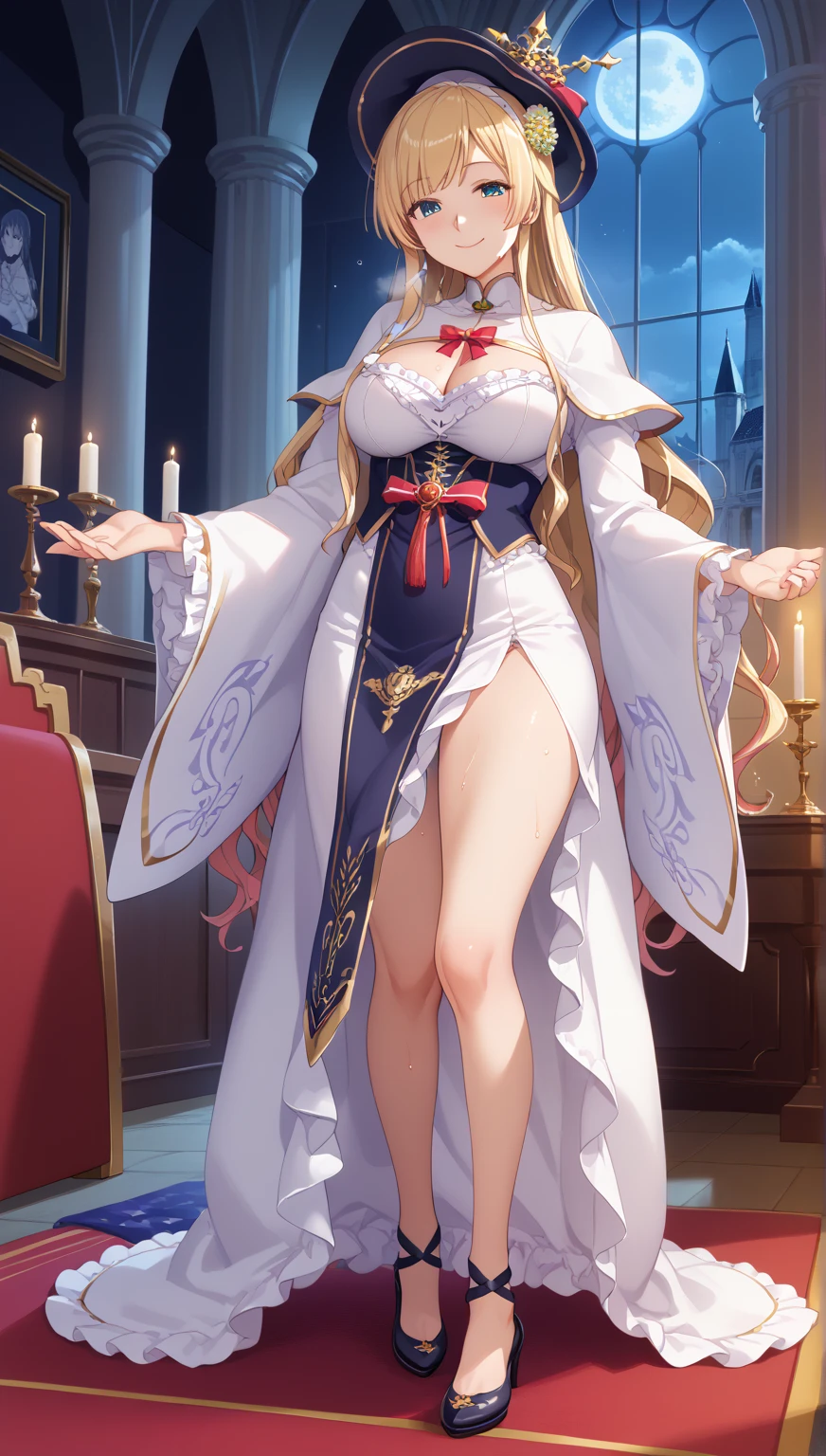 Lian, long white hair, hair stick, bangs, blue eyes, solo, smiling, standing, upper body, hips, bare shoulders,purple thighhighs, red dress, gold jewelry,armor,gloves,circlet, cleavage, red and gold royal castle, gigantic breasts, (best quality, masterpiece, beautiful and aesthetic:1.2, highest detailed face, perfect face,) eyes, perfect face,expressive eyes,
looking at viewer, in the center of the image,(Upper_body),(Focus on her face),
official art,extremely detailed CG unity 8k wallpaper, perfect lighting,Colorful, Bright_Front_face_Lighting,shiny skin,
(masterpiece:1.0),(best_quality:1.0), ultra high res,4K,ultra-detailed