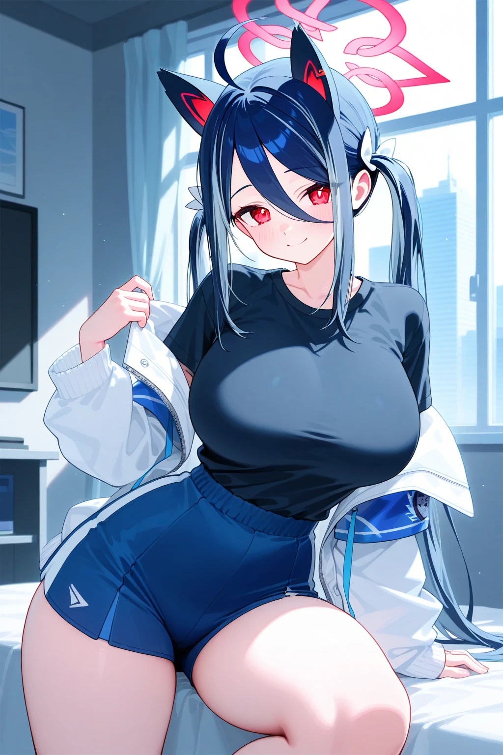 too Massive peeing, wet pussy wet her pants, incontinence, wearing a jacket with a hood made of animal ears and eyes, wearing a hood. no bra, no panty, black pantyhose with thighs visible, Panty shot, 1 girl, blue hair in short bob cut hair, dark brown eyes, lively, cheerful innocent, too large big emphasized breasts that show a lot of skin, boyish, cute, sporty, breasts that seem to stick out, too short miniskirt, high beams, facial massive cumshot,