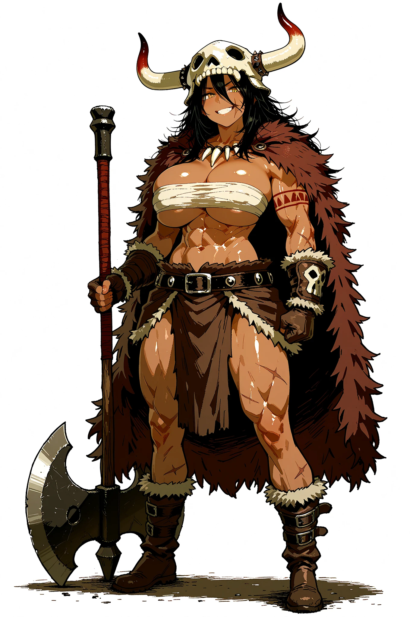 best quality, masterpiece, best shadows, black and orange hair, dark skin,,standing, full body, big breast, musclegirl, barbarian revealing cloths, sharpteeth, smile,#fashion design #warrior #woman #armor #clothing Trigger Words: barbarian_woman armor