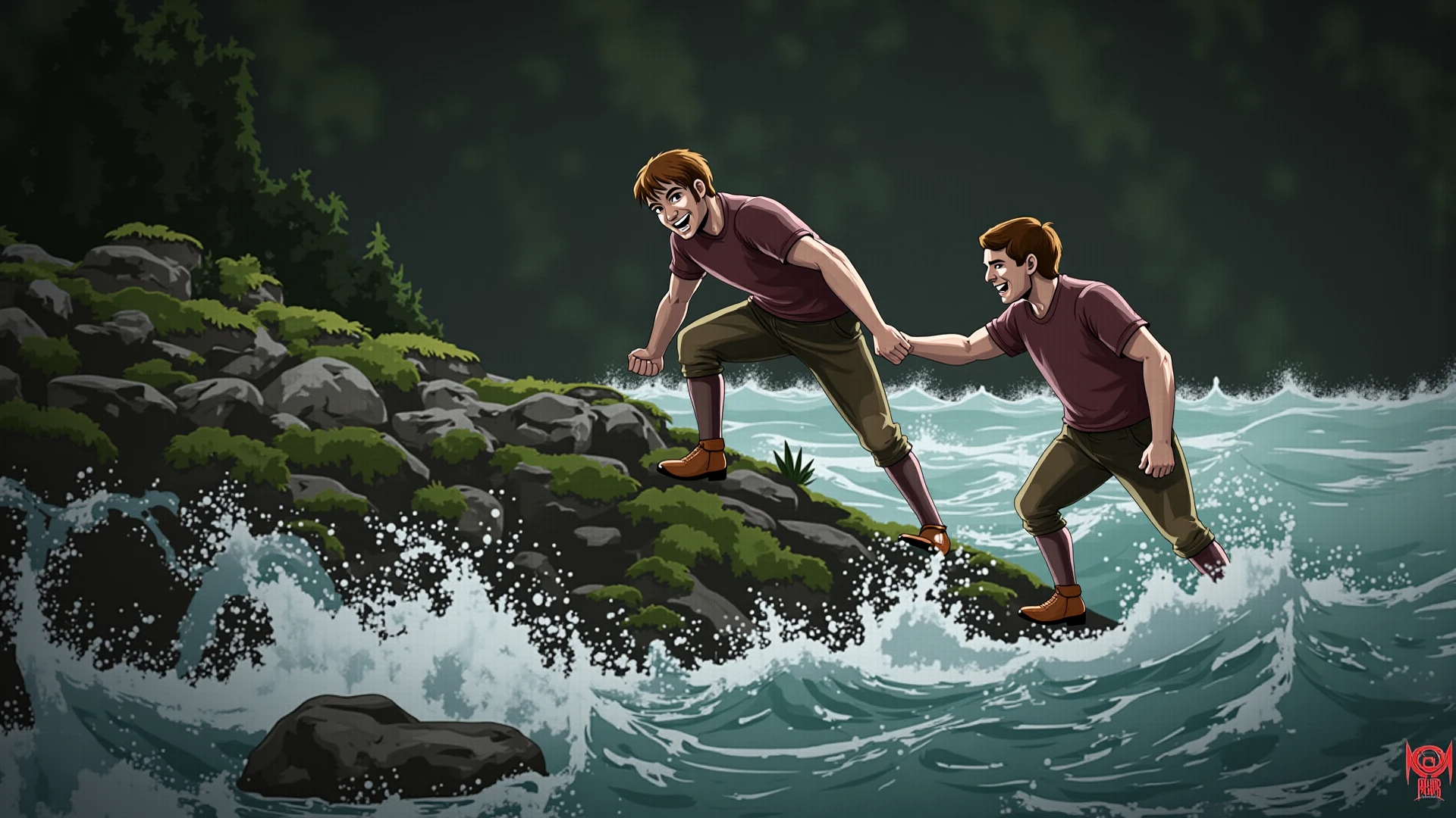 Man saving another man from drowning in a river, animated cartoon