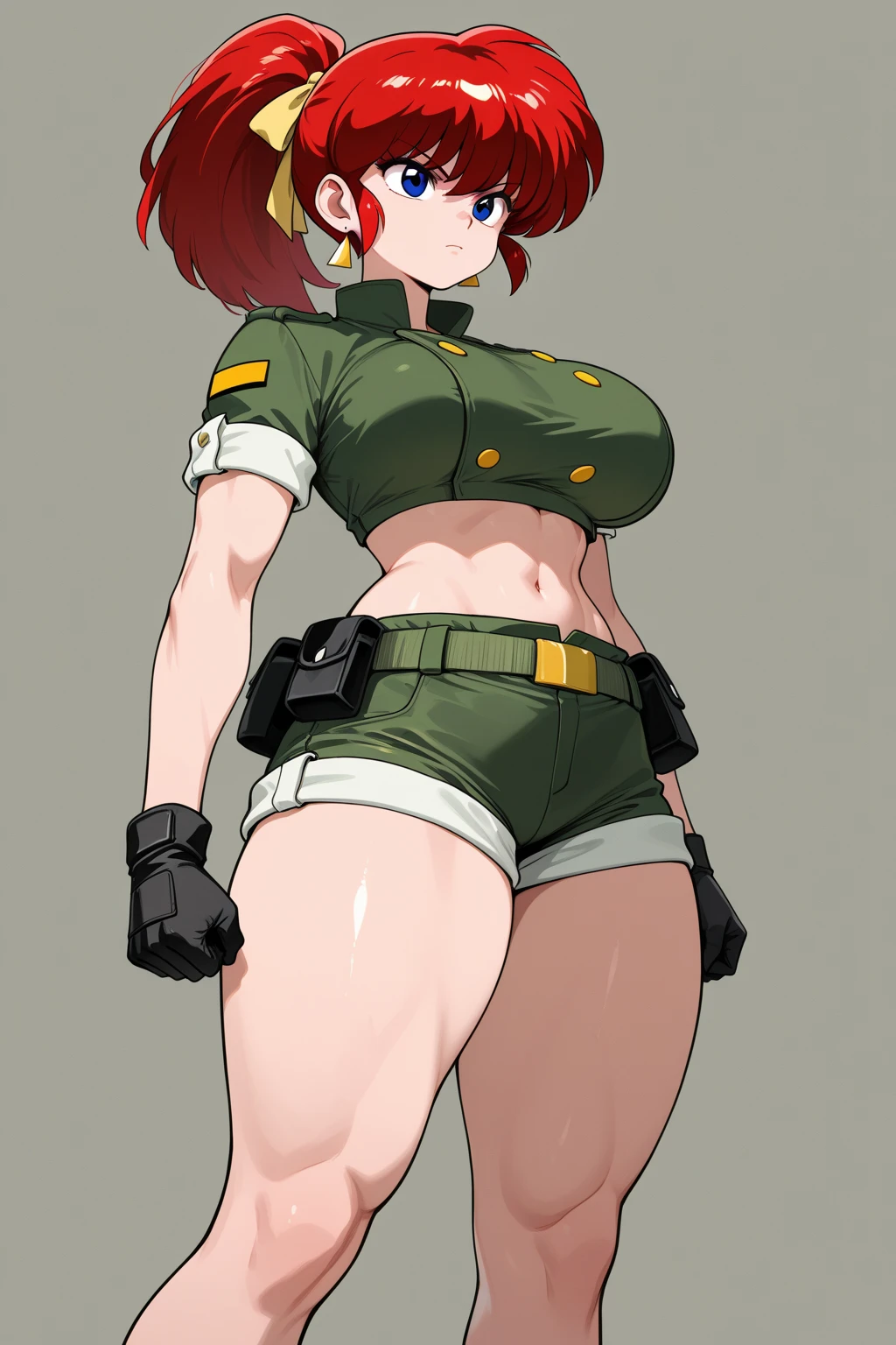 1girl, makima, Chainsow Man, eye patch, solo, big breasts, hair, gloves, eyes, underwear, hand on hip, military micro shorts, hat, ponytail, navel, thick thighs, high legs, black gloves, jacket, thick thighs, military micro shorts, big_breasts, big_breasts, looking_at_the_viewer, crop_top, bottom_jogger, military_uniform, military, green_jacket