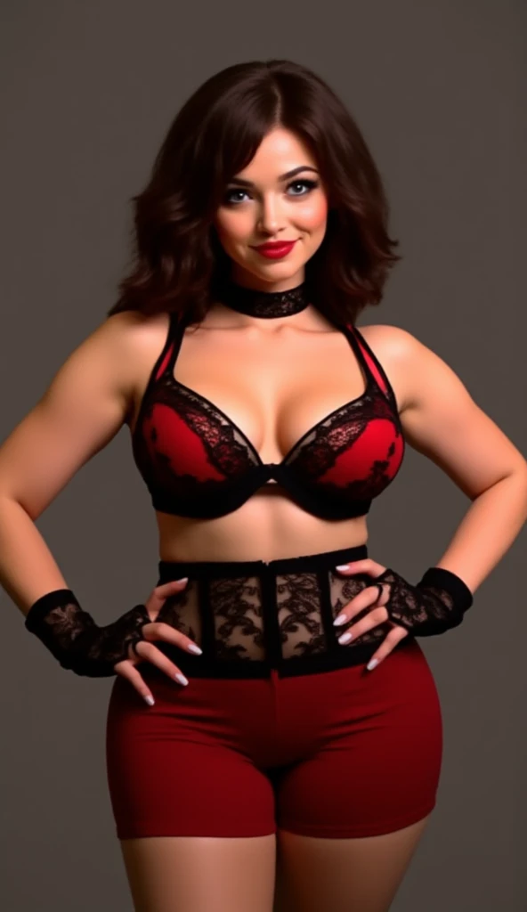portrait of a mature, sexy woman exuding confidence and allure. She wears a form-fitting red dress that accentuates her curves and complements her radiant, smoldering gaze. Her raven hair cascades down her back, framing her elegant face adorned with subtle, sultry makeup. The background is a blend of dim, warm lighting and soft shadows, creating an intimate atmosphere that emphasizes her striking presence