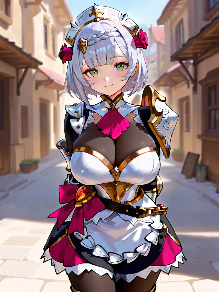 ((masterpiece)),(best quality),official art,extremely detailed CG,unity 8k wallpaper,ultra detailed,A lighthouse on a cliff by the sea,1girl,solo,upper body,(portrait:1.2),looking at viewer,green_eyes,maid_headdress,armored_boots,braid,short_hair,hair_ornament,grey_hair,medium_breasts,hair_flower,apron,maid,bangs,gauntlets,armored_dress,shoulder_armor,braided_bangs,red_rose,red_flower,smile,red_ascot,white_pantyhose,cleavage,<lora:Noelle(gen)>,