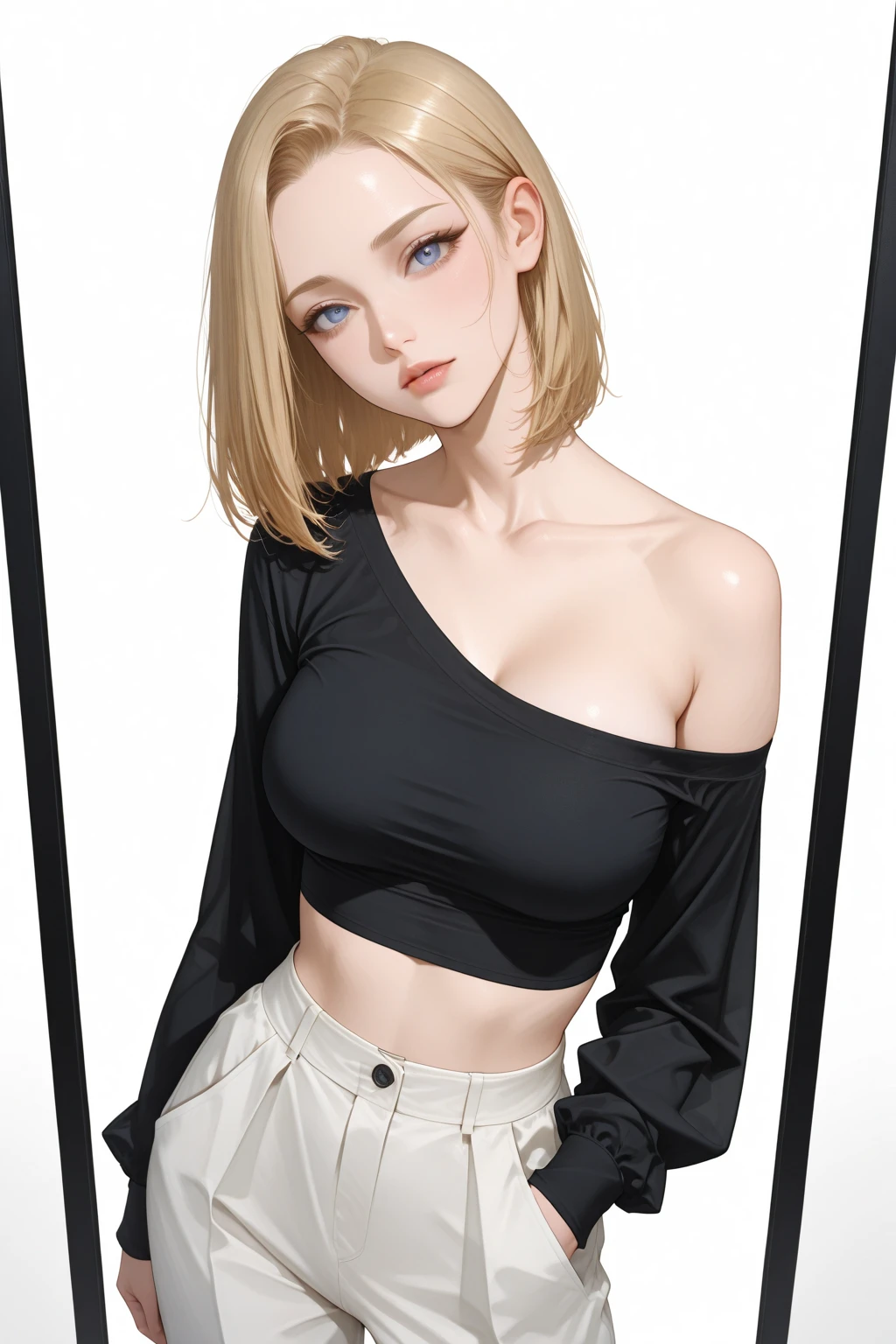 name zoe. 20 year old teenager, beautiful angelic face. red eyes. White skin color. Height 1,70, detailed physique, large and firm breasts, Short blonde hair. CLOTHES, black tank top. white mini skirt, Body detail, straight and firm posture looking towards the camera. with a tender smile, eyes expression smile,