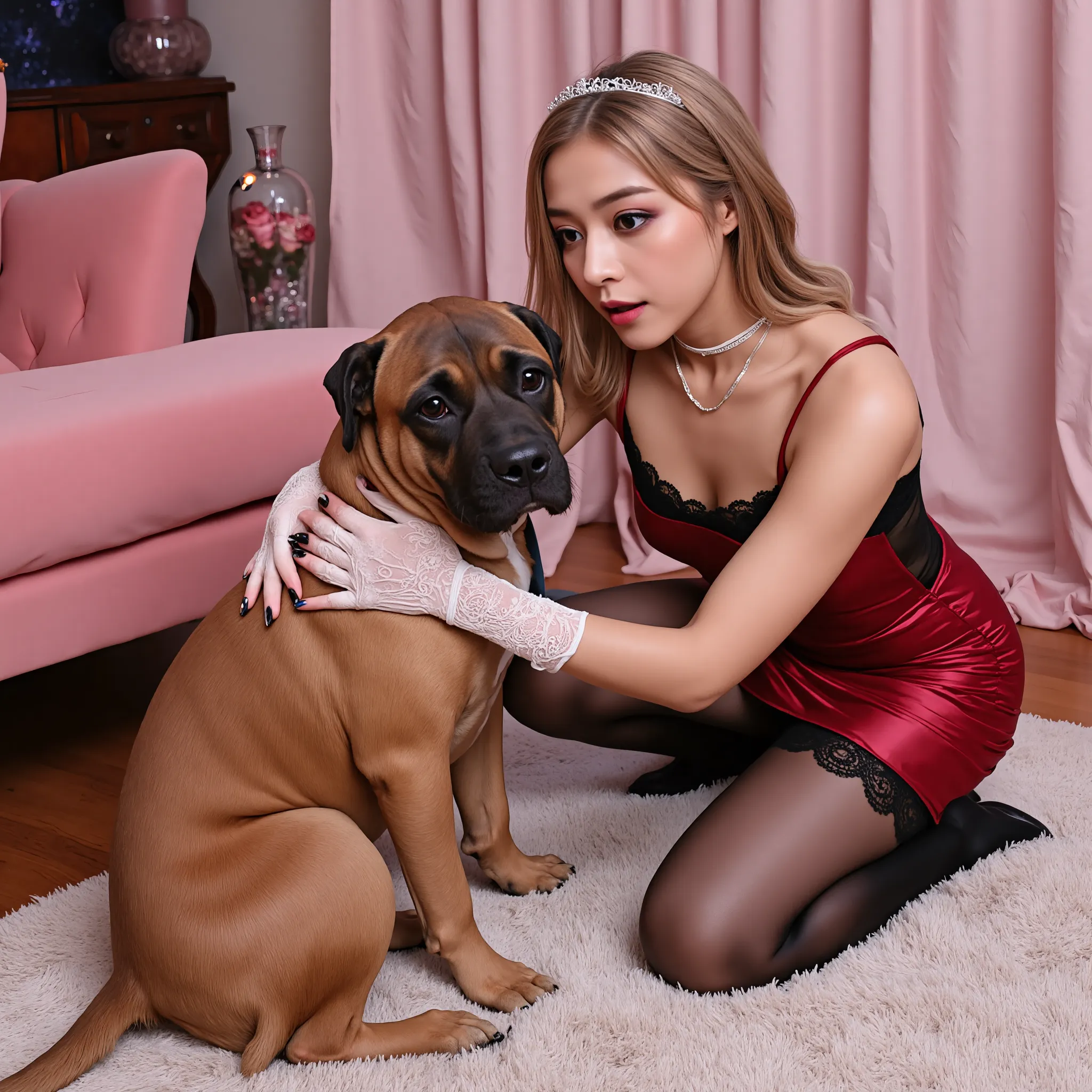 Blonde woman with blue eyes and red lips, dressed in a sexy black basque and a female dog collar, she will be in doggy style position