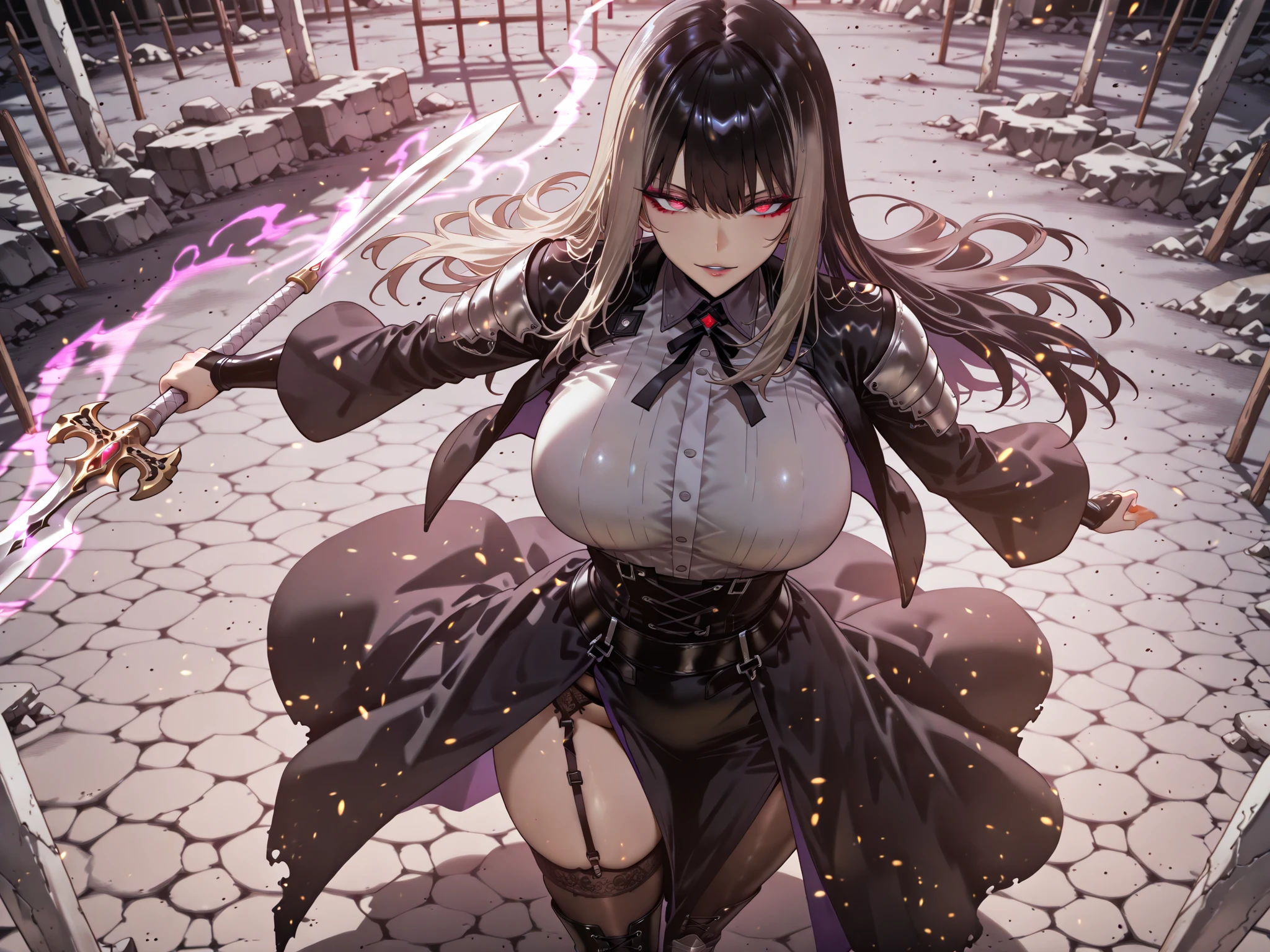 taken from above、Ball of Light、雷magic、caveの中、Ruins、black suit、black longsuit、 black long jacket、ゴスロリなshirt、Depressed、Tall Woman、A woman in her thirties、 Alassah's woman、Steins;Gate、 black longsuit 、score_9, score_8_up, score_7_up, Source_anime,masterpiece、No expression、no makeup、top quality,Beautifully Detailed Eyes, Exquisite Eyes、A sophisticated eye、highly detailed eyes and faces,unmotivated expression、lethargic face、 long breasts, Black Jacketを羽織る、Black Jacket、shirt, big saggy breasts, shockingly big breasts, big breasts,big boobs、boobs 、Zitoida, makeup、no makeup、long hair、smooth straight hair、tall woman、Tall Woman、plump thighs, parted lips、 shining eyes,(Fire Aura Onkown),dungeon内、Crimson Eyes、long hair、dark haired、黒い髪、long straight hair、dungeon、cave、Ruins、solo、soloプレイヤー、Wide ass、beautiful butt、stick your butt to the focus of your butt、long boots、Shoulder Armor、Fearless Laugh、strong、Is confident、Black Tight Skirt、Black tights、Long Skirt、long skirt、Black Garter Belt、black tights、long tight skirt、Dynamic、Satu、fight、Satu狂、俺だけレベルupな件、arrogant、 Confidence々The smile 、bewitching smile、Sadist、Satu中、hunting、hunting、intimidating、magic使い、magic、magic、、Pearl of Light、Light Ball、plasma、plasma球、Glowing sphere、Made with Infinite Sword、Black Stockings