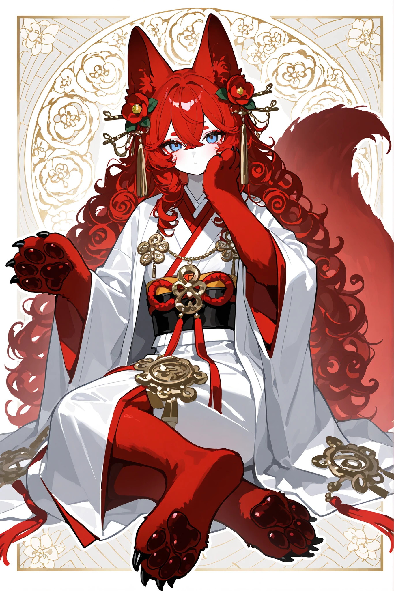 (Canine paws,xxx667_illu, paws pads, metacarpal paws pads,claws, detailed paws, red-brown paws,) The kitsune girl, the red-haired fiery fox. She has peach-white skin, Asian features, and slanted, half-lidded blue eyes with Nazar (the Eye of Fatima). She has an oriental make-up, her eyes are lined with scarlet and gold, and she has stripes on her cheeks. She has longest orange-red curly hair and curly bangs. She has big fluffy fox ears with black tassels. She has a red fox tail. She is dressed in a red-white Japanese priestess kimono robe ,with obi decorated with white oriental ribbons, Japanese amulets and pendants, and she wearing black haori decorated with white-gold-red camellia flowers. In the background: the oriental garden at the temple with flowering camellia bushes.