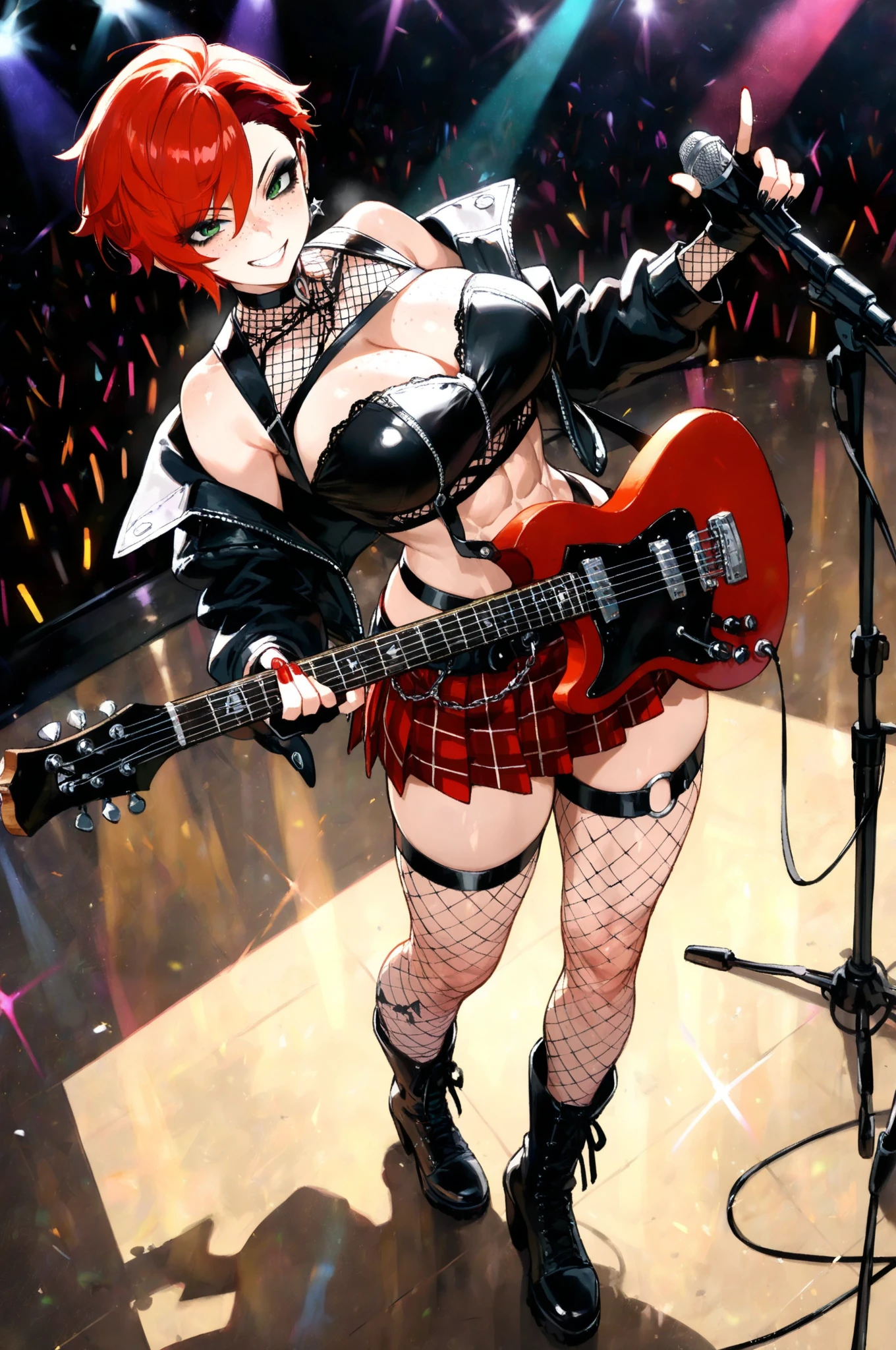 woman, grin, curly red hair in pig tails with ribbons, green eyes, black eyeshadow, wearing crop top black shirt, black jacket, red plaid skirt, black knee high boots, black fingerless gloves, exposed shoulders, large breasts, freckles, abs, cleavage, looking at viewer, masterpiece, best quality, Holo-Punk Style, on stage, rockstar, playing guitar, make up, eyelashes, fish net undershirt, fish net stockings, (full body)