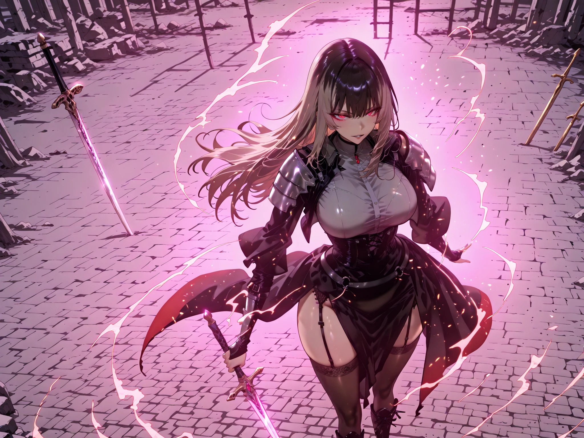 、black tights、Black tights、Black Stockings、Black tightsを履いている、taken from above、Ball of Light、雷magic、caveの中、Ruins、black suit、black longsuit、 black long jacket、ゴスロリなshirt、Depressed、Tall Woman、A woman in her thirties、 Alassah's woman、Steins;Gate、 black longsuit 、score_9, score_8_up, score_7_up, Source_anime,masterpiece、No expression、no makeup、top quality,Beautifully Detailed Eyes, Exquisite Eyes、A sophisticated eye、highly detailed eyes and faces,unmotivated expression、lethargic face、 long breasts, Black Jacketを羽織る、Black Jacket、shirt, big saggy breasts, shockingly big breasts, big breasts,big boobs、boobs 、Zitoida, makeup、no makeup、long hair、smooth straight hair、tall woman、Tall Woman、plump thighs, parted lips、 shining eyes,(Fire Aura Onkown),dungeon内、Crimson Eyes、long hair、dark haired、黒い髪、long straight hair、dungeon、cave、Ruins、solo、soloプレイヤー、Wide ass、beautiful butt、stick your butt to the focus of your butt、long boots、Shoulder Armor、Fearless Laugh、strong、Is confident、Black Tight Skirt、Black Garter Belt、black tights、long tight skirt、Dynamic、Satu、fight、Satu狂、俺だけレベルupな件、arrogant、 Confidence々The smile 、bewitching smile、Sadist、Satu中、hunting、hunting、intimidating、magic使い、magic、magic、、Pearl of Light、Light Ball、左手にmagicの玉、plasma、plasma球、Glowing sphere、Made with Infinite Sword