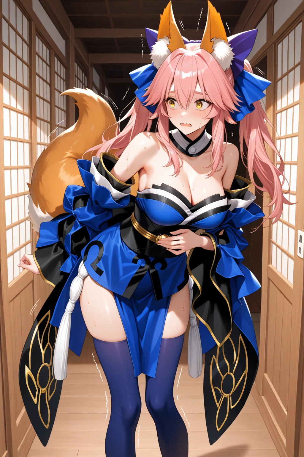 masterpiece, high quality, intricate details, illustration, perfect lighting, perfect everything, 1girl, laying in bed, spreading legs, medium ass, visible ass, side view, tamamo, animal ear fluff, animal ears, fox ears, fox girl, standing, bare shoulders, blue kimono, blue ribbon, blue thighhighs, collarbone, detached sleeves, japanese clothes, kimono, thighhighs, looking at viewer, hair ribbon, pink hair, seductive face, seductive pose, slight smile, perfect eyes, (yellow eyes:1.5), slight smile, <lora:tamamotestt:1>