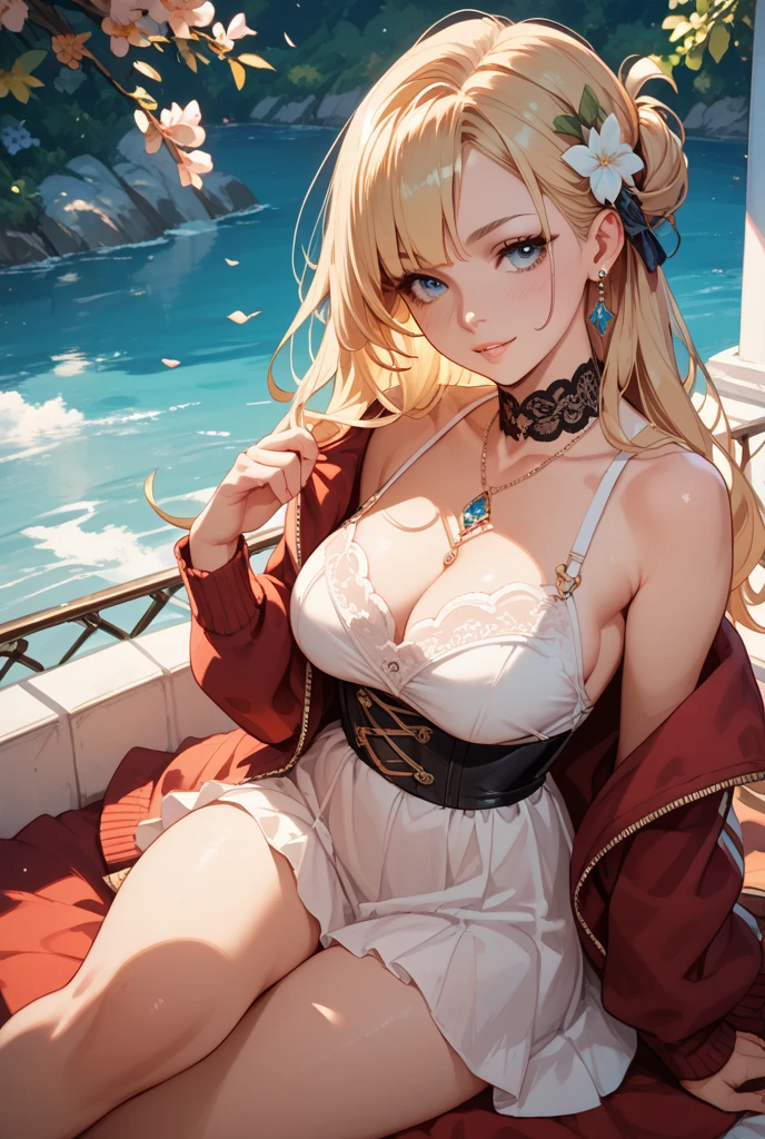 Upper body portrait、Hollow eyes、smile、The background is Venice, Italy、Hot Italian women、Blonde、Bodycon