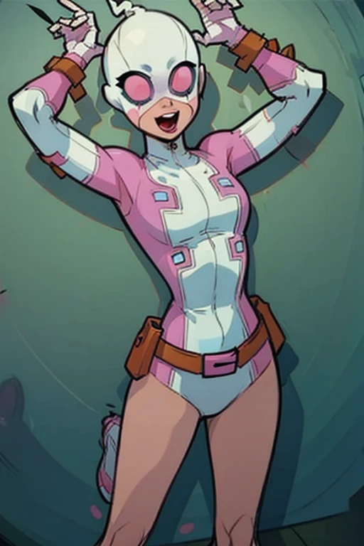 Really embarrassed tomboy girl, with short gray curly hair, brown skin and glasses, in pink body paint , full body,
