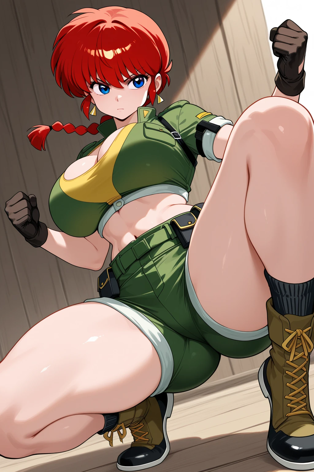 red-haired woman, tied up hair, shorth hair, greeneyes, series, angry, thick-thighs, short shorts, big-ass, from sideways, , carrying a bar,working out, sweaty body