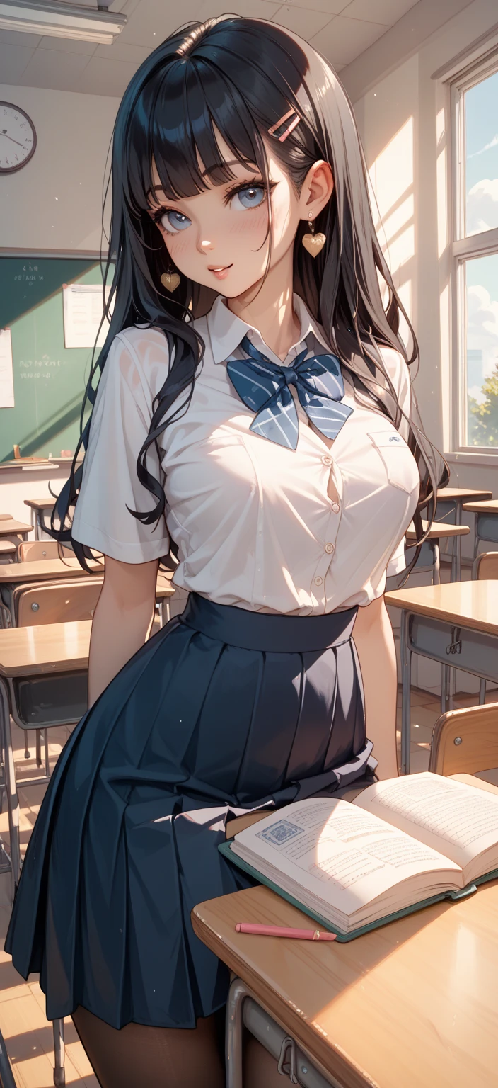 (1 person、solo), Beautiful woman, High definition beautiful black eyes、Anatomically perfect body, (Slender)、(High school girls), (Blazer uniform、White shirt, Pleated skirt), (Pussy juice:1.2),  (Look down), (Embrace your chest:1.2)、Leaning forward、16 years old、(Highest quality)、Black Hair, (half updo:1.1), classroom、(8k, High resolution)、(shy:1.2)、Mid-chest, (steam:1.1), (embarrassed:1.4), show off nipples under shirt、(wide shot), (Inner thighs)