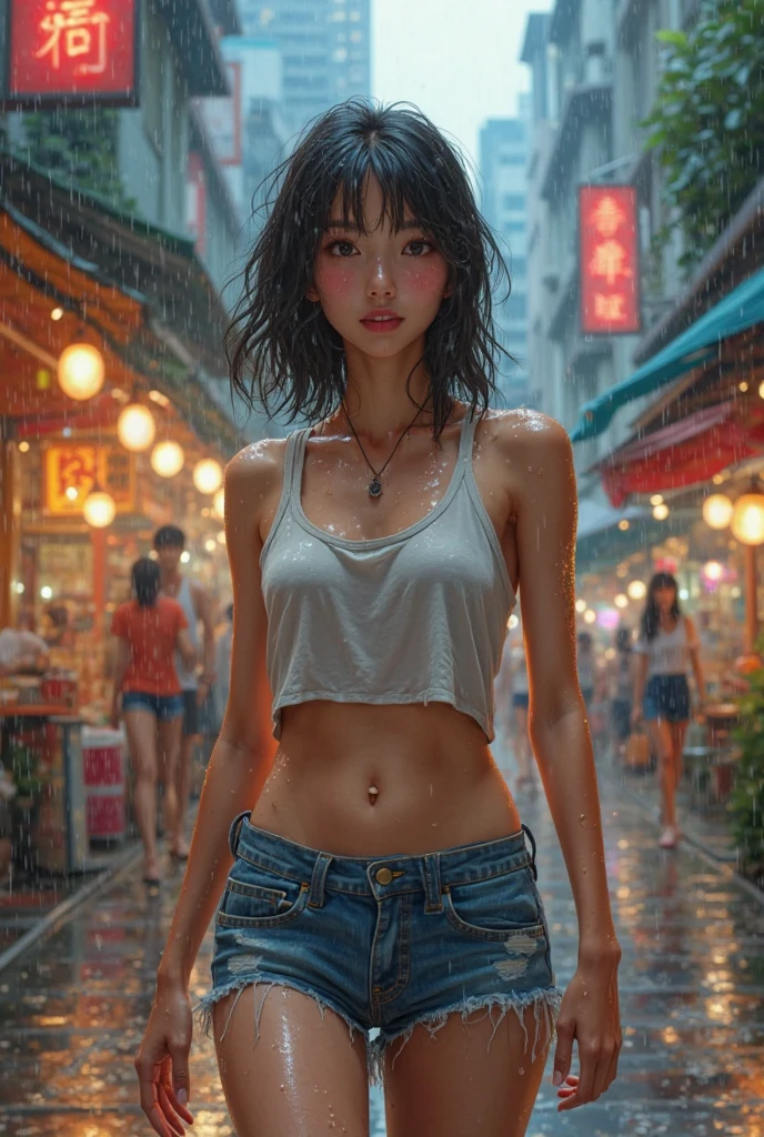 (((((Cyber nostalgia overload、Glitch effects、retro grids、drown in pink gradients & digital dreams)))))、Pink Glowing Neon Street、Pink Night Sky、It's raining heavily in the city . ,soaking wet, Drooping, wet face,wet close, wet skin, wet hair, one girl, A girl with a cute face like a Japanese idol ,  without makeup,thin, small breasts, (black pixie cut:1.2), (dull bangs), Immerse in a dark world, smile,　model pose, shot from below, (skinny:1.0),add irregular prints and patterns, sharp lines, Unusual Accessories Attached to Clothing、Tied-up themed swimsuit、 Originality and innovation, , Lomography  、nsfw、Ishihara Satomi