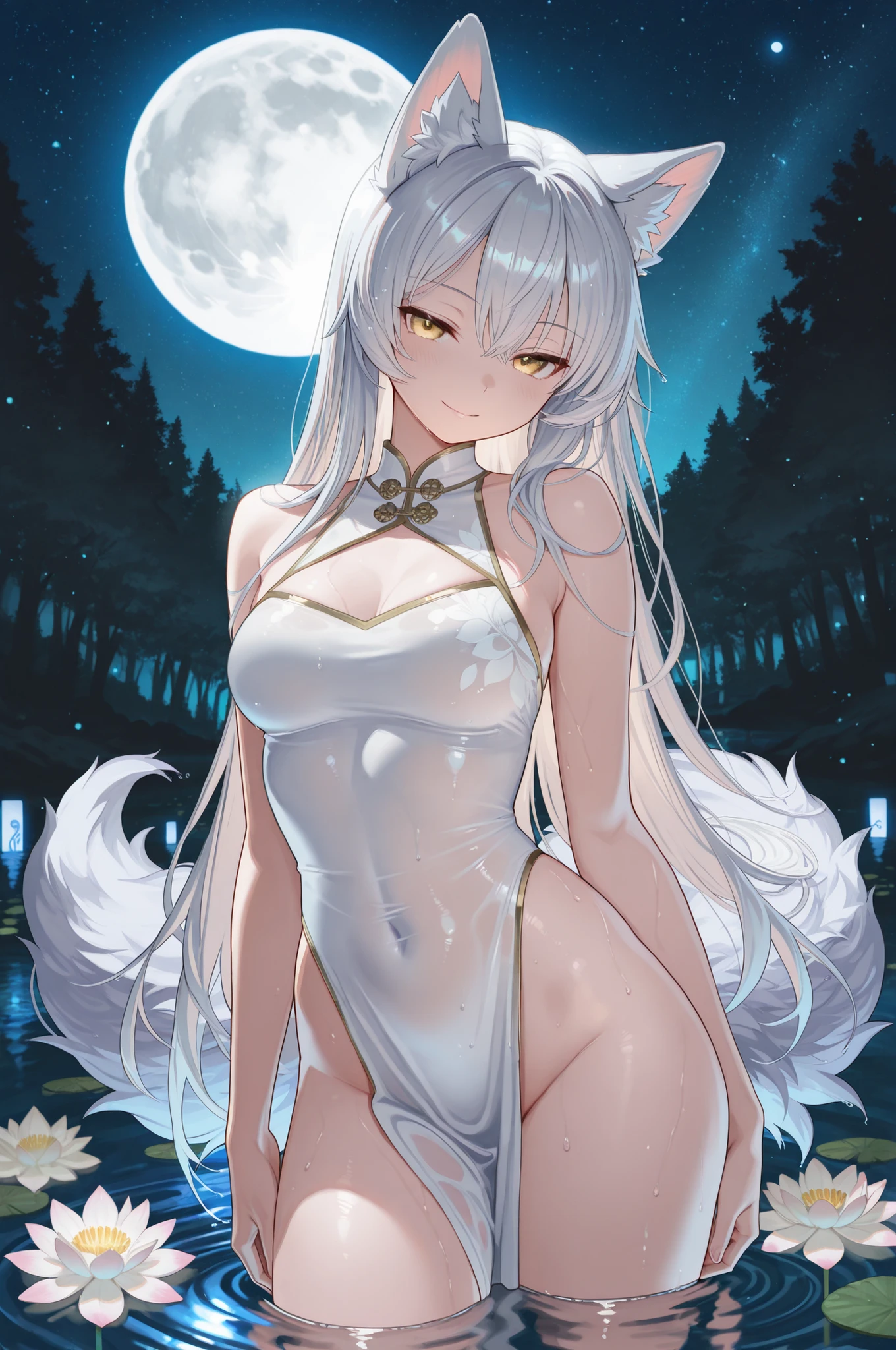 top quality, masterpiece, Ultimate Details, Mysterious Beast Girl, Wolf ears, Long Silver Hair, Fluffy Tails, clear golden eyes, Seductive Expression, A graceful smile, Pose to Cover Your Chest with Your Arms, Bare Skin Like White Porcelain Wet in Water, slender body, Elegant Silhouette, Composition of Waistline Sinking to the Surface of Water, Shining water droplets, Elegantly Decorated Collar, Shoulder Line Illuminated by Moonlight, Tranquil Lake Surface, Ripples on the water, Intrusive Night Fog, Full Moon Light , Floating White Water Lilies, Starry Sky Reflected on the Surface of the Water, fantastic blue light gradation, A grove of trees in the deep forest, Elegant Atmosphere, Refraction effect of light in water, Dramatic Lights