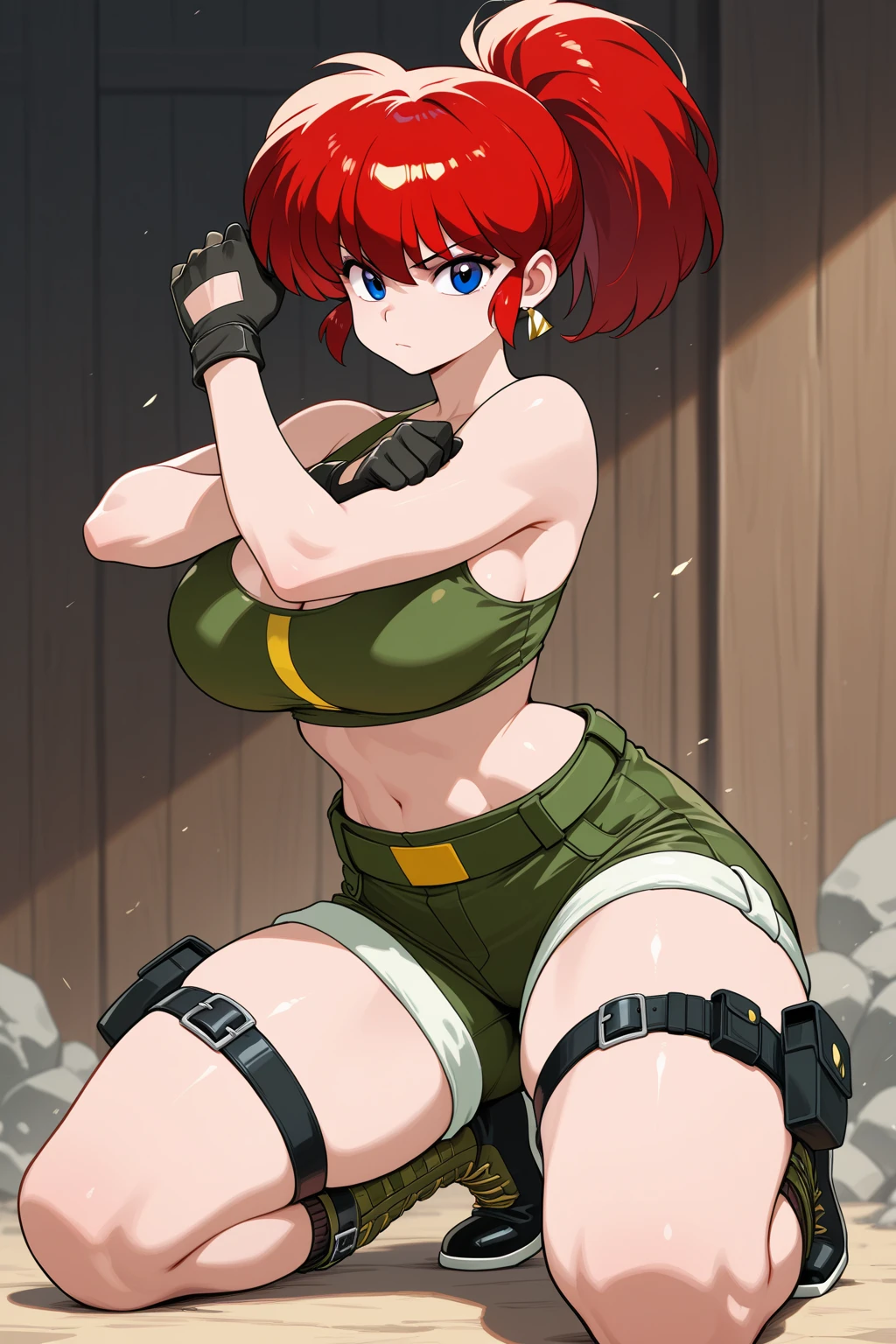 (masterpiece), best quality, female warrior, dark fantasy, huge girl, female muscular:1.2, ginger hair, (curvy:1.6), ((thick thighs:1.3)), (((blank background))), ((full body)), fingerless gloves, long boots, sleeveless, (straight  hair), (fur top) , strapless top, (spread legs), (squatting), ((legs apart))