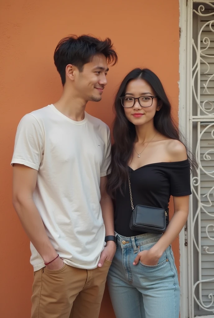 beautiful young Vietnamese couple, Man and woman, They're happy, looking at the camera

