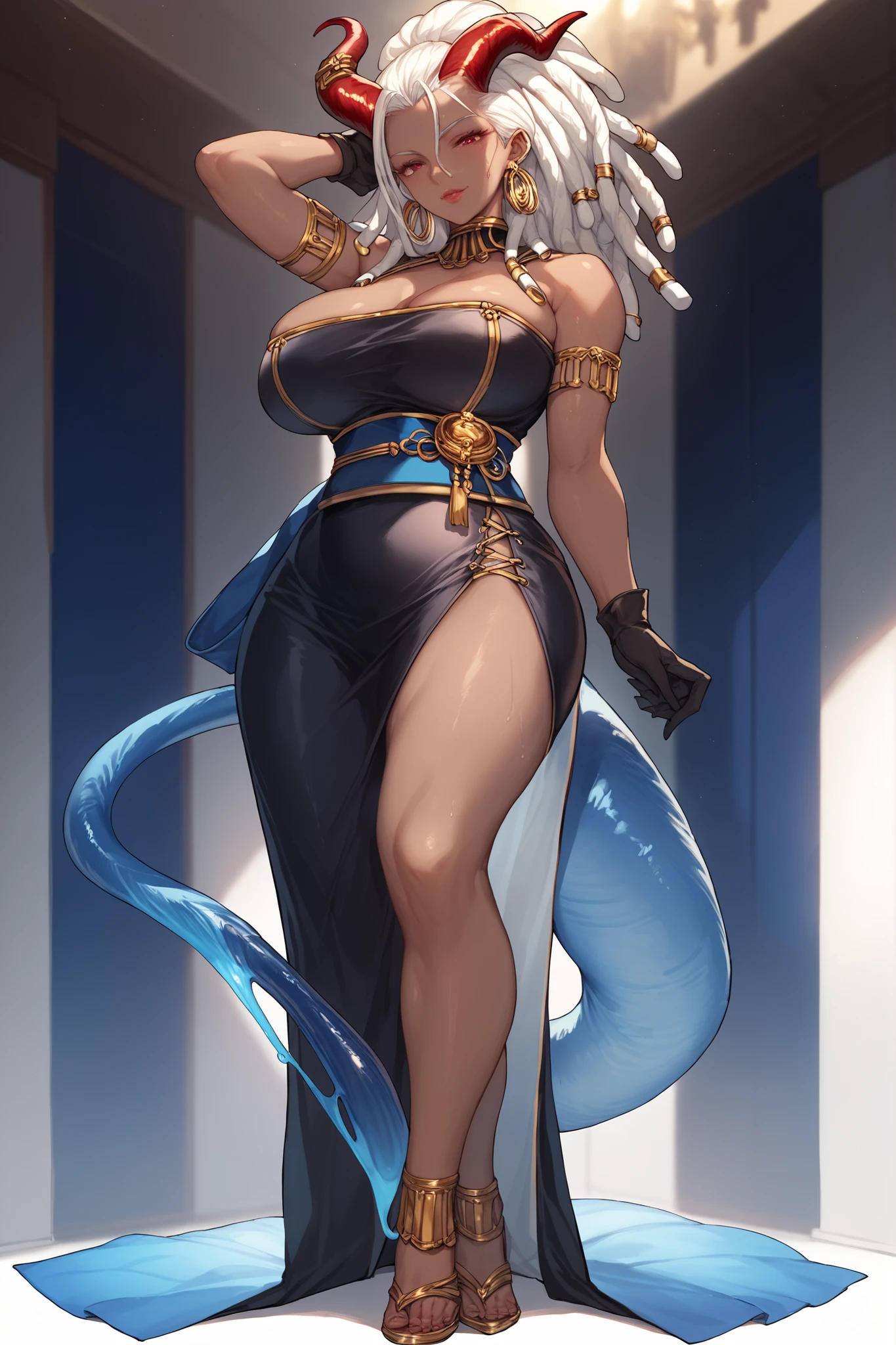 ((Ultra Detailed)), ((Bright Eyes)), (Detailed Eyes), 8k, 1 Girl, Solo, White Hair, Red Eyes, Breasts, Weapon, Navel, Sword, Holding, Long Hair, Blue Clothes, Double Hold, Tentacles, Abdomen, Looking at the Audience, Holding a Weapon, Lamia, Beautiful Anime Girl, Art Wallpaper 8k, Extremely Detailed Art Germ, Hat, Tentacle, Blush, Cum on Body