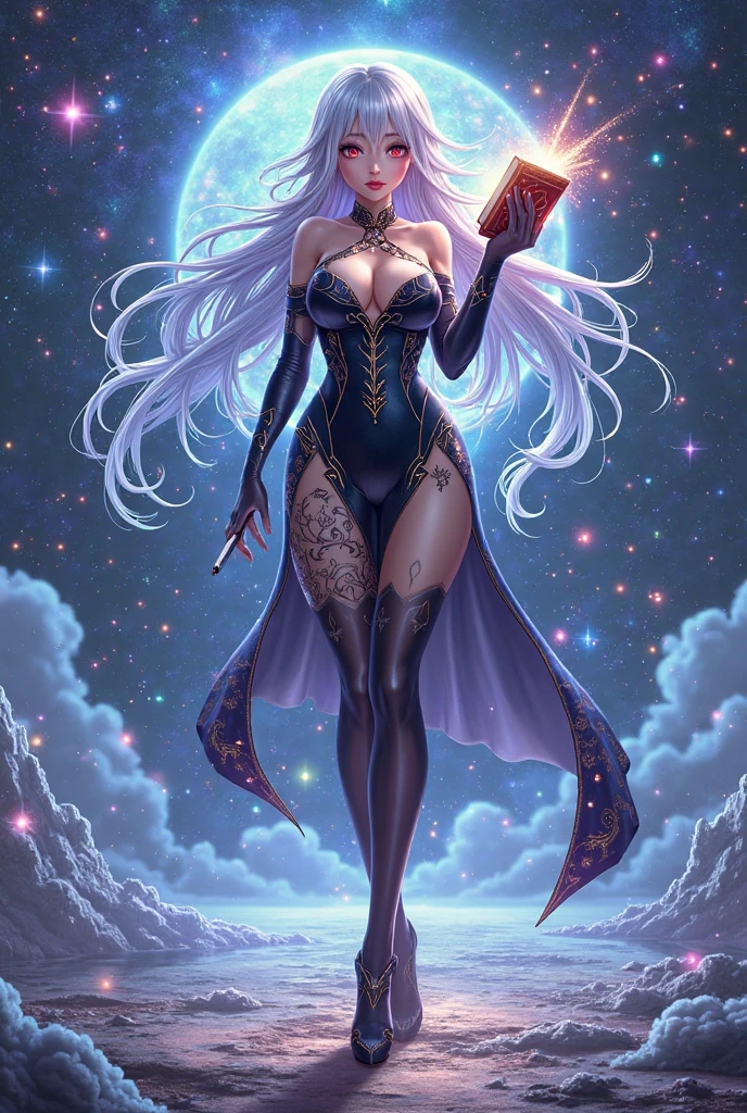 Lady gaga in cosmic dread cosplay, dark background, alien legs, pattern sheer costume