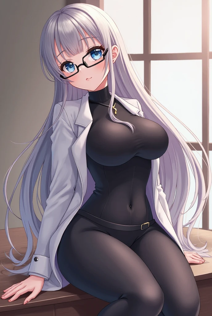 masterpiece, high quality, best quality, high resolution, 4k, high definition, beautiful lighting,highly detailed face, well drawn hands, well drawn legs,well drawn feet,well drawn eyes, 1girl, futaba,grey hair, brown eyes,glasses,big breasts, black leotard, black pantyhose, black bunny ears,(((long lab coat))),(((standing))),fish net pantyhose,. looking at the viewer,smiling,collarbone, cleavage,red lips,closed mouth,<lora:futaba_rio-04:1>,
