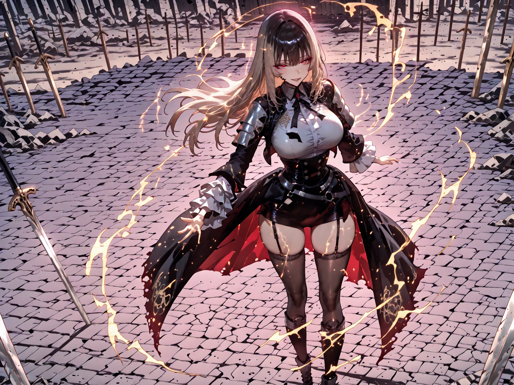 taken from above、Ball of Light、雷magic、caveの中、Ruins、black suit、black longsuit、 black long jacket、ゴスロリなshirt、Depressed、Tall Woman、A woman in her thirties、 Alassah's woman、Steins;Gate、 black longsuit 、score_9, score_8_up, score_7_up, Source_anime,masterpiece、No expression、no makeup、top quality,Beautifully Detailed Eyes, Exquisite Eyes、A sophisticated eye、highly detailed eyes and faces,unmotivated expression、lethargic face、 long breasts, Black Jacketを羽織る、Black Jacket、shirt, big saggy breasts, shockingly big breasts, big breasts,big boobs、boobs 、Zitoida, makeup、no makeup、long hair、smooth straight hair、tall woman、Tall Woman、plump thighs, parted lips、 shining eyes,(Fire Aura Onkown),dungeon内、Crimson Eyes、long hair、dark haired、黒い髪、long straight hair、dungeon、cave、Ruins、solo、soloプレイヤー、Wide ass、beautiful butt、stick your butt to the focus of your butt、long boots、Shoulder Armor、Fearless Laugh、strong、Is confident、黒いタイトskirt、Black Garter Belt、black tights、長いタイトskirt、Dynamic、Satu、fight、Satu狂、俺だけレベルupな件、arrogant、 Confidence々The smile 、bewitching smile、Sadist、Satu中、hunting、hunting、intimidating、magic使い、magic、magic、、Pearl of Light、Light Ball、左手にmagicの玉、plasma、plasma球、Glowing sphere、Made with Infinite Sword、Taken from above the knee、ロングskirt、black tights、wearing black tights、skirt、長いskirt、タイトなskirt