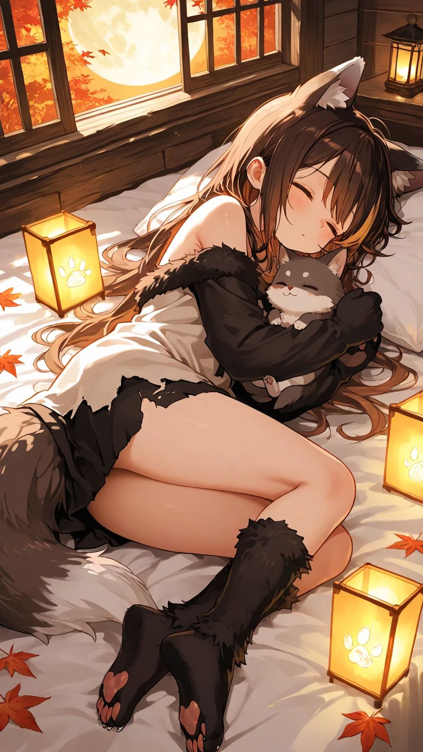 Niji, (1 girl:1.4), (JW3), squirrel girl:1.3, (hairy:1.5),light brown fur, Body hair, (Thick thighs:0.5), (whole body:1.1), Perfect lighting, (masterpiece), (ultra deTailed), Eye contact, blush, Long hair, kimono clothees, lying on the ground, Solitary,Pants, squirrel tail, squirrel leg:1.2, Long skirt, barefeet, Flower Anklet,outdoor, outdoor, The Peak, full body, Ultra HD,rest, (((conjoined_dicephalus))), (((two_heads)))